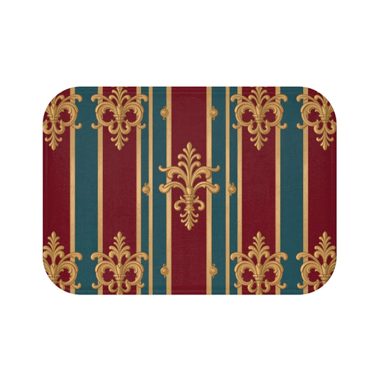 Elegant Vintage Floral Bath Mat, Chic Bathroom Decor, Luxury Home Accessory, Gift for Housewarming - Burgundy Striped Gold Baroque