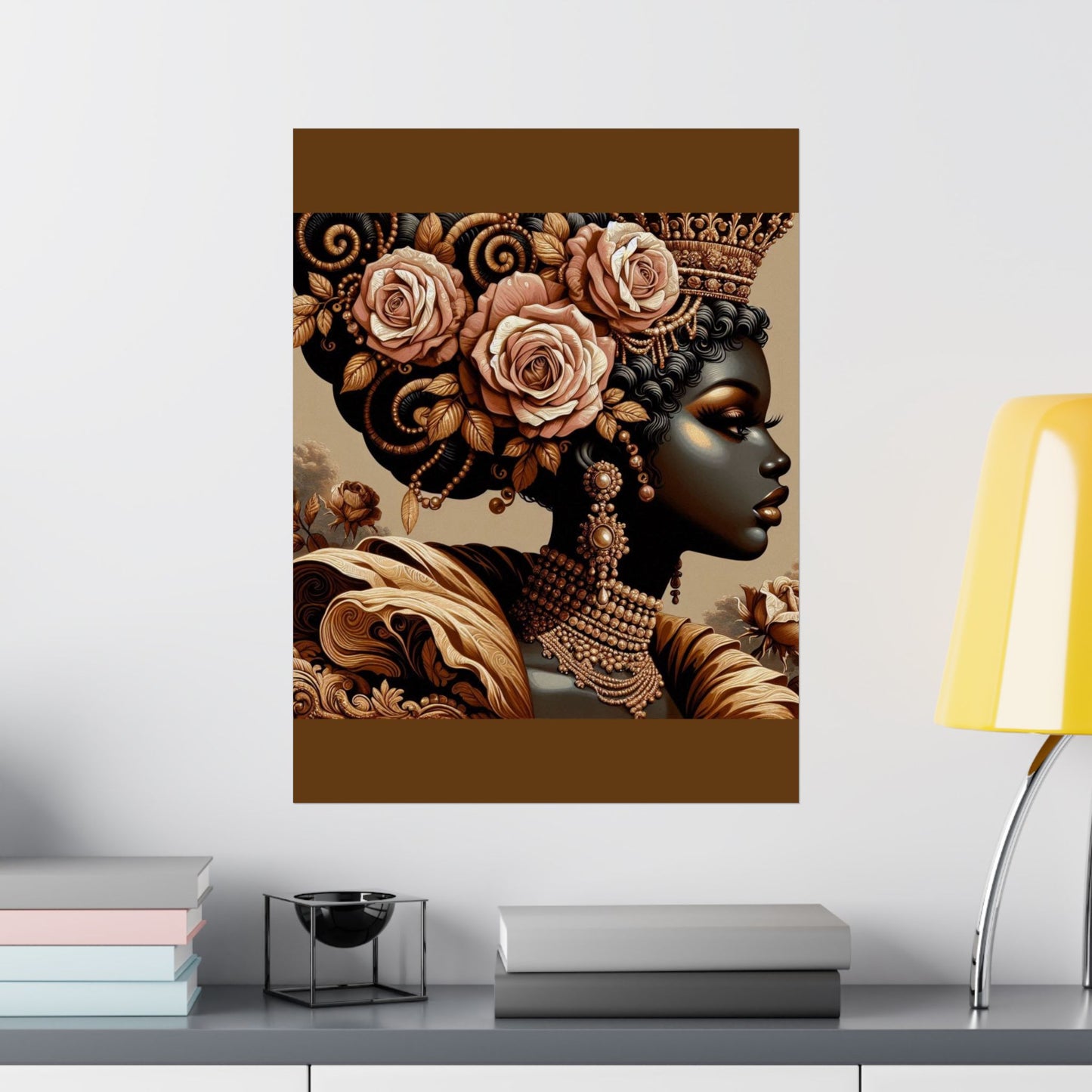 Floral Afro Art Poster - Elegant Matte Vertical Wall Decor - Lady With Peach Roses