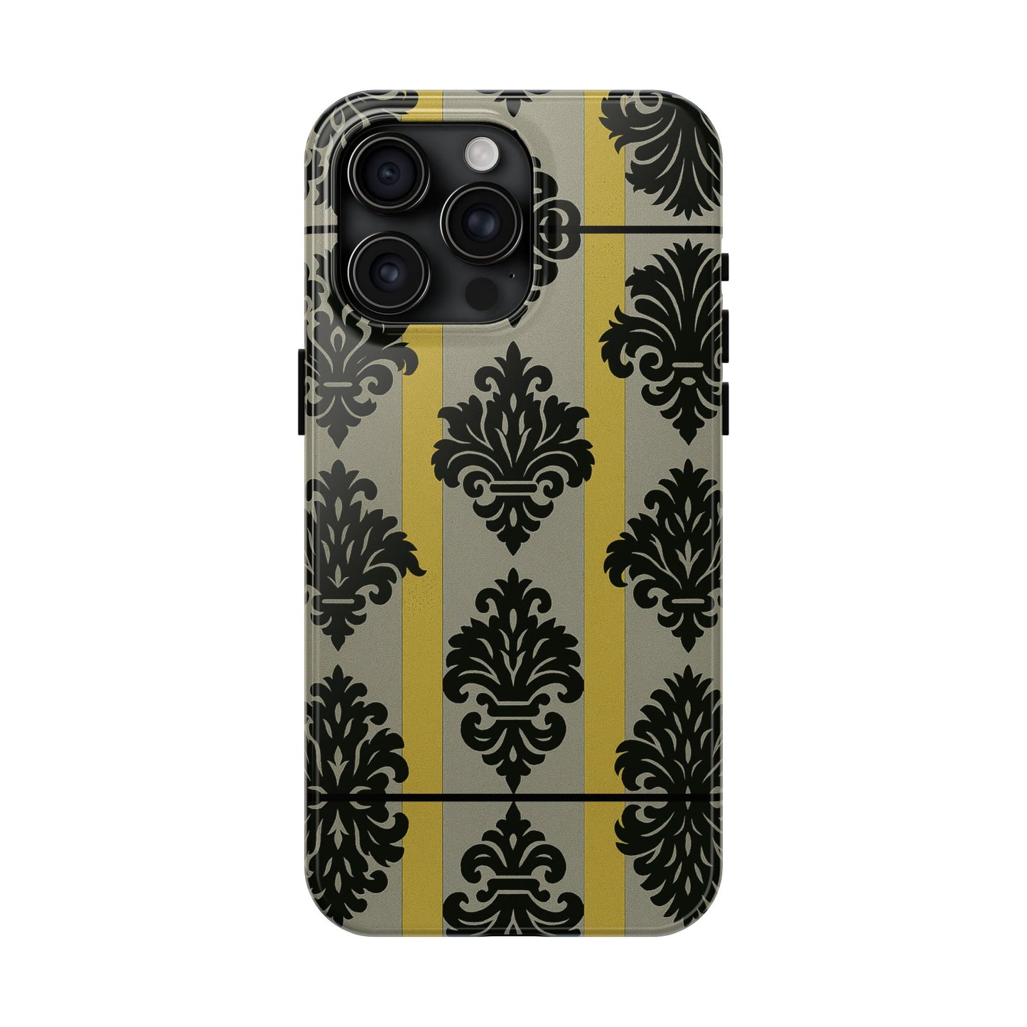 Elegant Baroque Tough Phone Cases | Chic Phone Protection | Gift for Her | Stylish Accessory | Holiday Gift Idea | Silver & Gold Striped Black Baroque