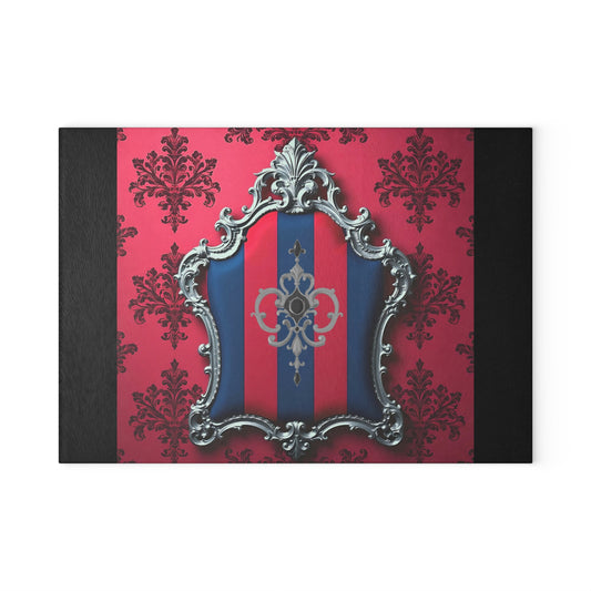 Elegant Vintage Cutting Board, Personalized Kitchen Decor, Unique Housewarming Gift, Artistic Glass Board - Blue & Red Striped Silver Crest
