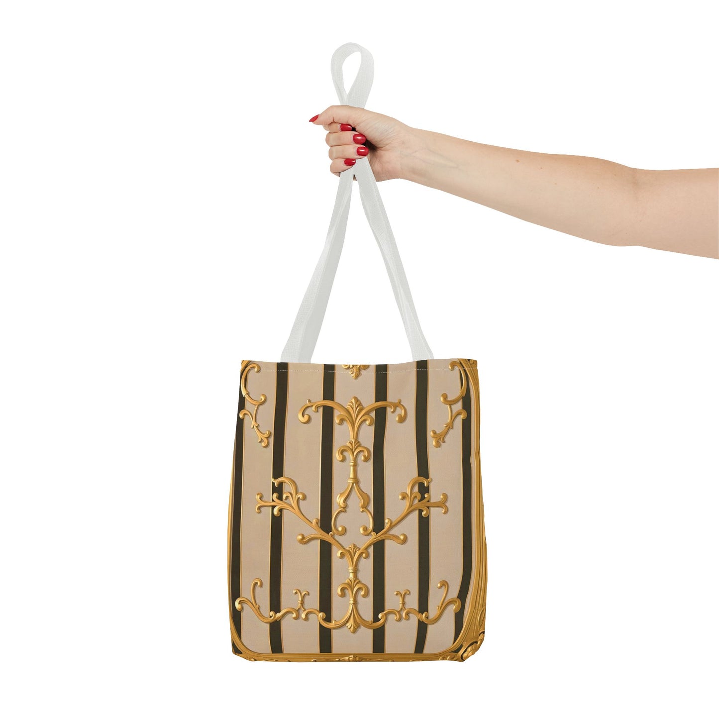 Elegant Gold Pattern Tote Bag - Stylish Carryall for Everyday Use, Eco-Friendly Shopping, Gift for Her - Beige Striped Gold Rococo