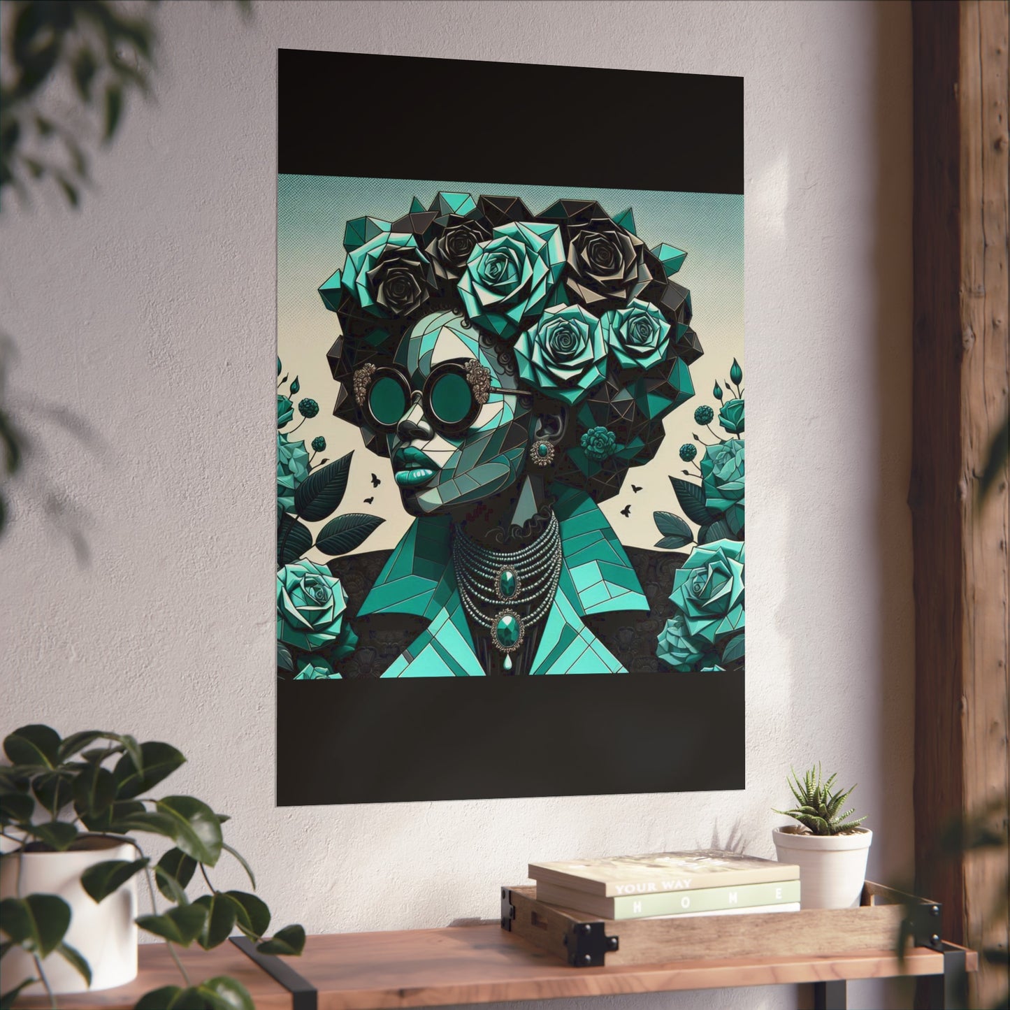 Chic Floral Fine Art Poster | Modern Wall Decor, Home Aesthetic, Gift for Art Lovers, Unique Room Makeover - Turquoise & Black Roses Lady