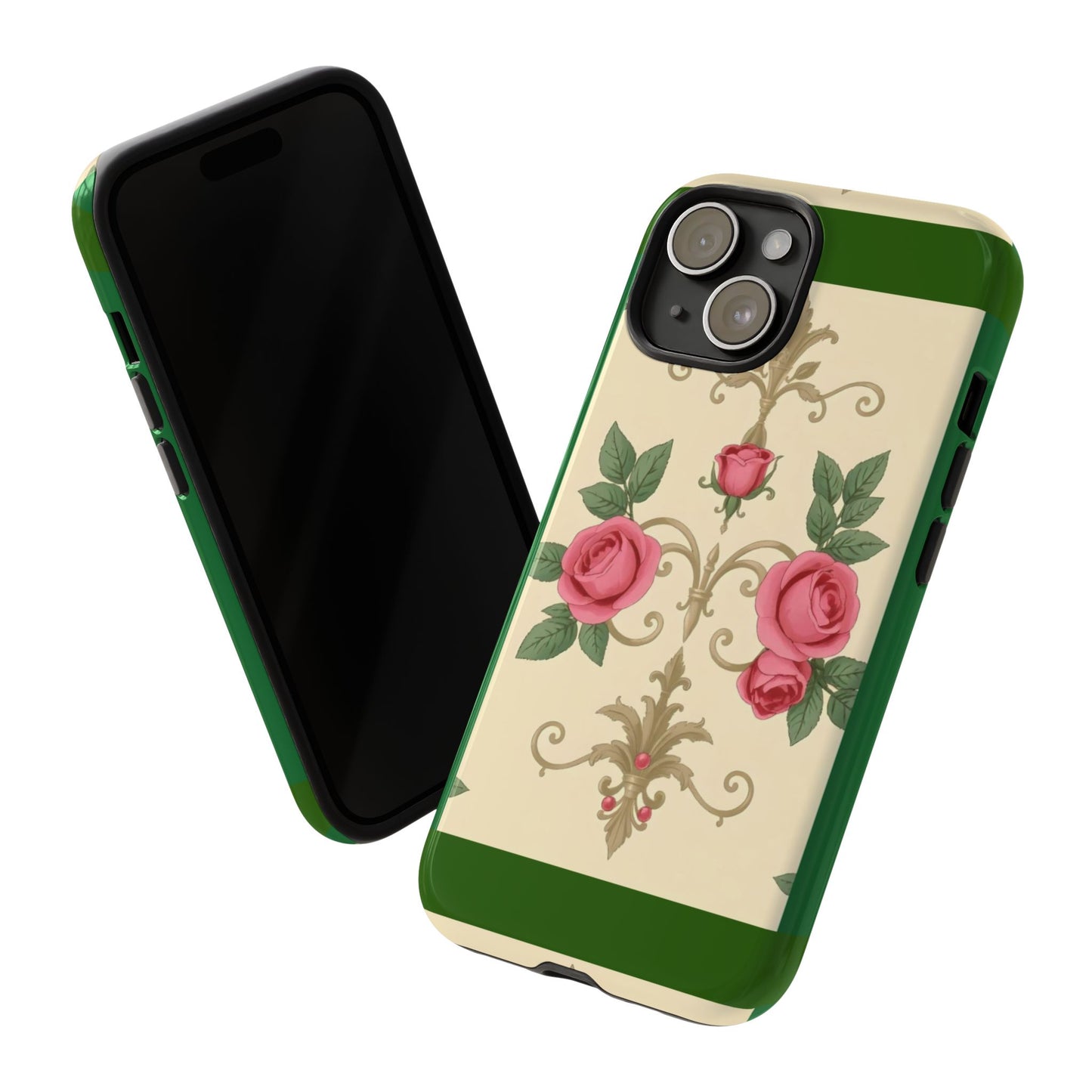 Elegant Floral Motif Phone Case - Tough Cases with Vintage Design - Green Border Roses & Damask