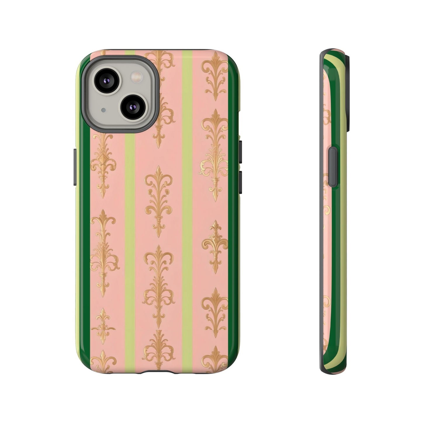 Elegant Floral Motif Phone Case - Tough Cases with Vintage Design - Lime Green & Pink Striped Damask
