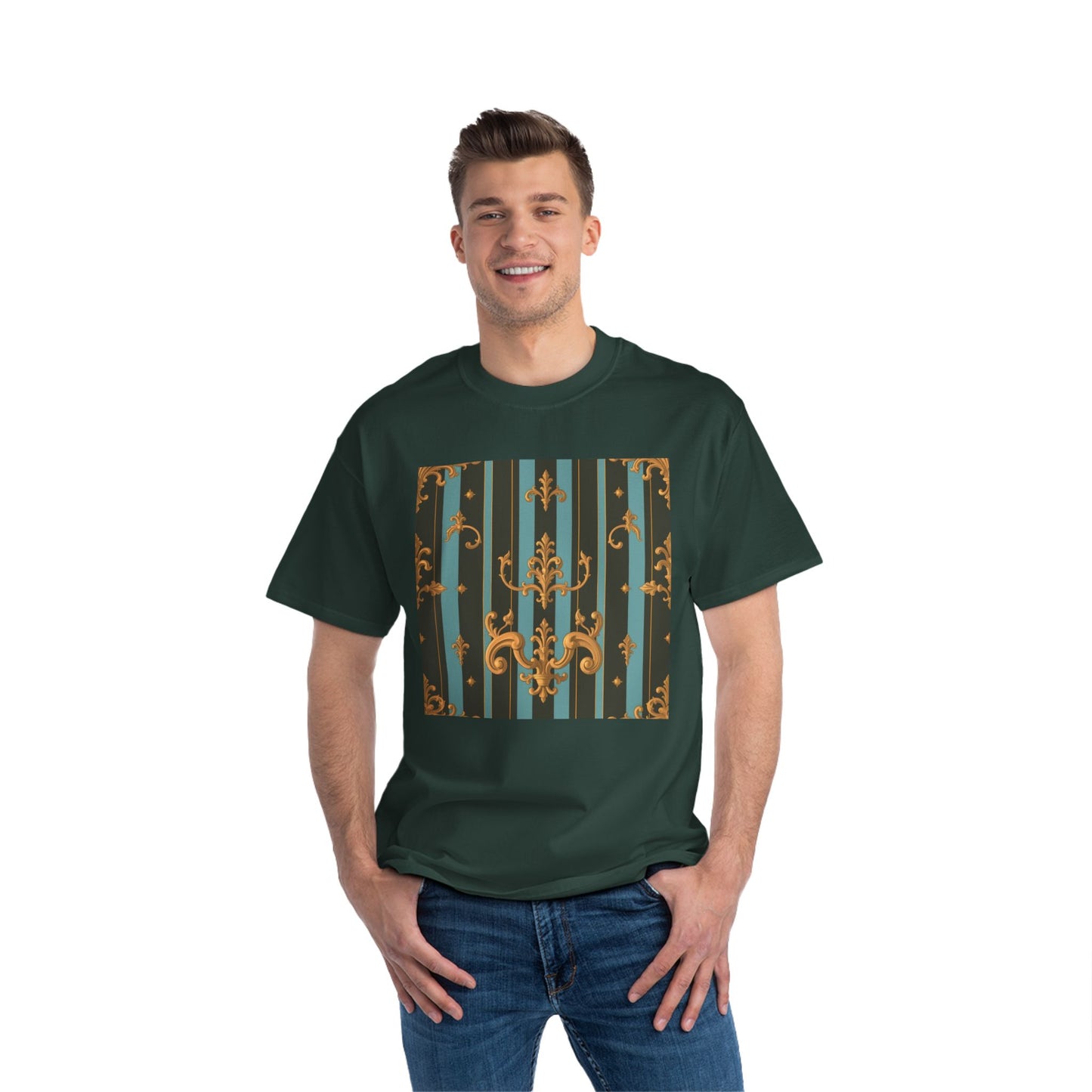 Elegant Vintage Pattern T-Shirt, Stylish Tee for Everyday Wear, Retro Design Shirt, Perfect Gift for Art Lovers - Black & Turquoise Striped Baroque