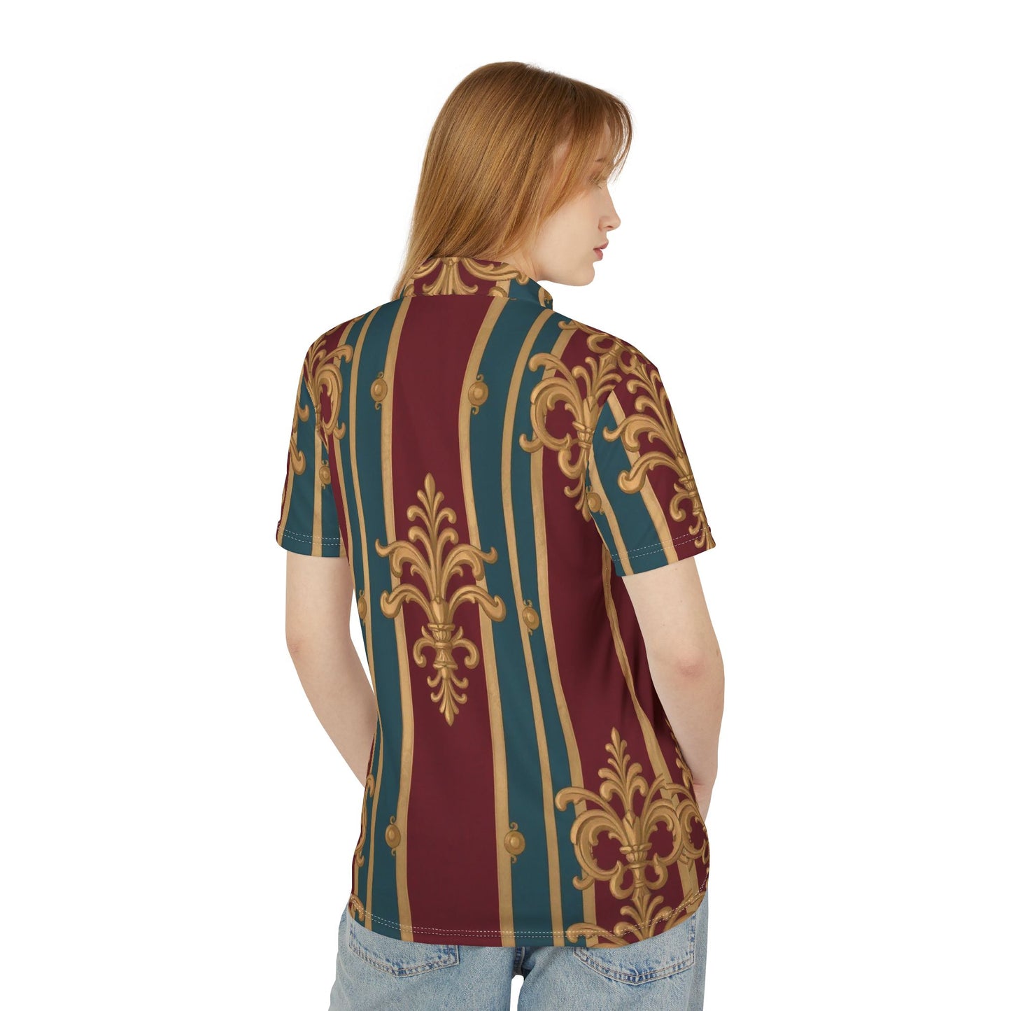 Elegant Unisex Polo Shirt, Stylish Casual Wear, Vintage Fashion, Seasonal Outfits, Gift for Him or Her - Burgundy Striped Gold Baroque