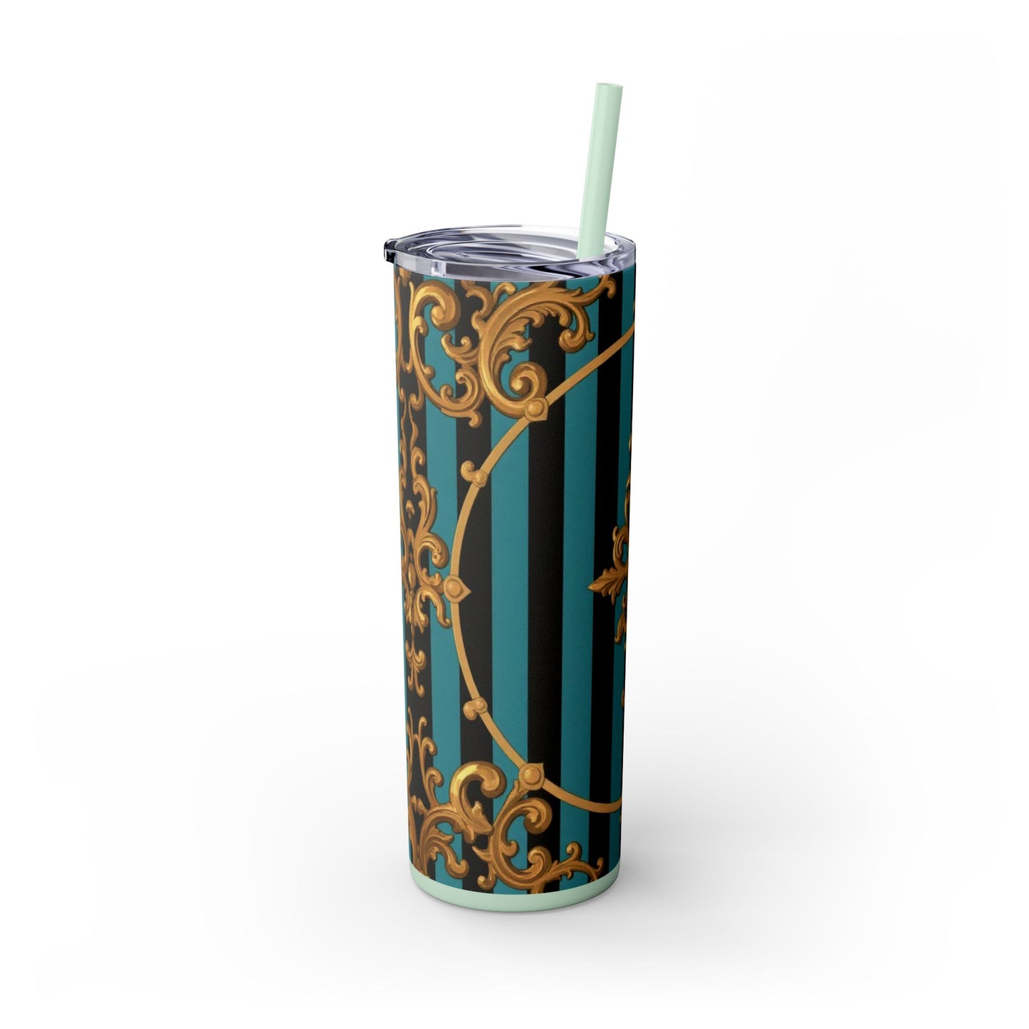 Elegant Turquoise & Black Striped Gold Baroque Skinny Tumbler with Straw, 20oz, Stylish Travel Mug, Party Favor, Birthday Gift, Drinkware