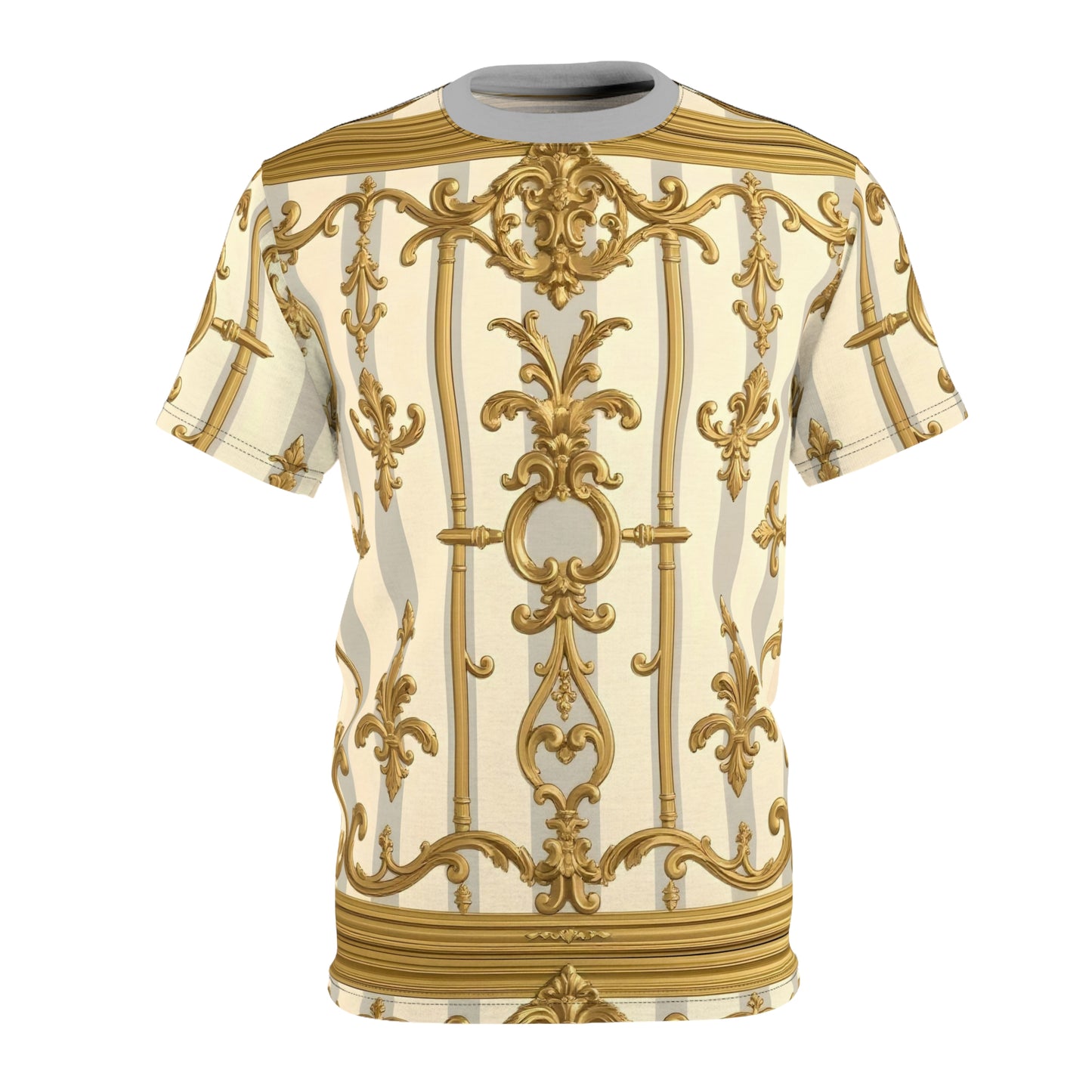 Elegant Gold Patterned Unisex Tee | Fashionable Summer Style, Trendy Gift, Unique Festival Wear - Matte Gray & Cream Striped Gold Baroque