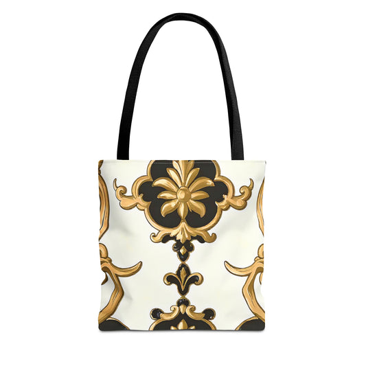Elegant Floral Tote Bag | Stylish Reusable Bag for Everyday Use, Gift for Her, Shopping, Beach, Travel, Eco-Friendly - Black & Gold Rococo