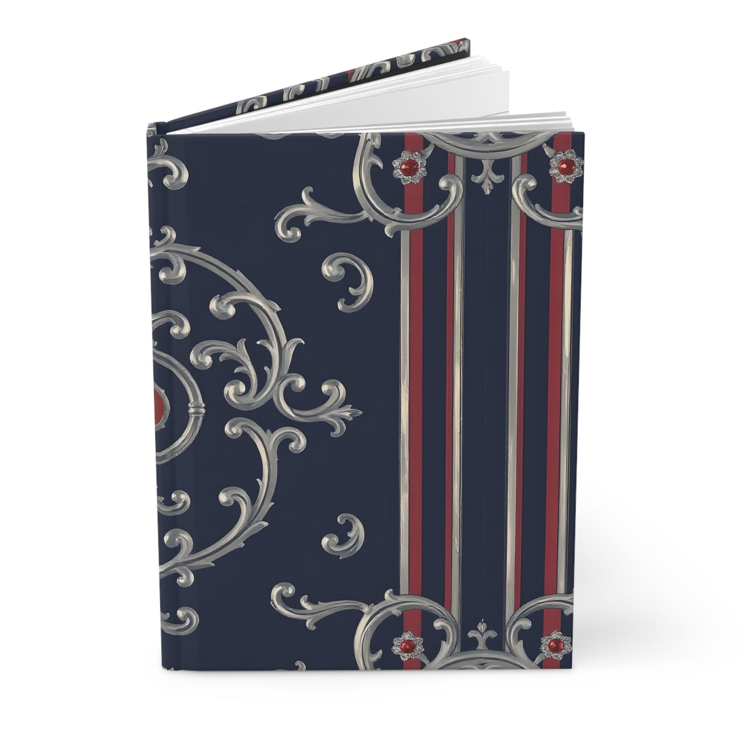 Elegant Floral Hardcover Journal, Stylish Notebook, Gold Accents, Perfect Gift for Writers - Blue & Red Striped Silver Baroque