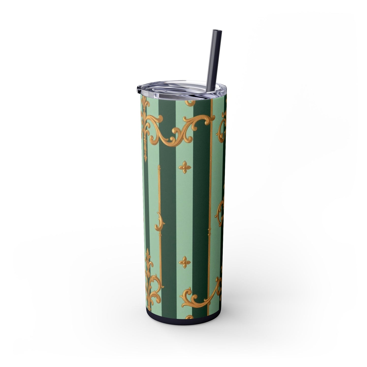 Elegant Floral Skinny Tumbler with Straw, 20oz – Stylish Travel Mug, Eco-Friendly Reusable Cup - Mint Green & Teal Striped Gold Baroque