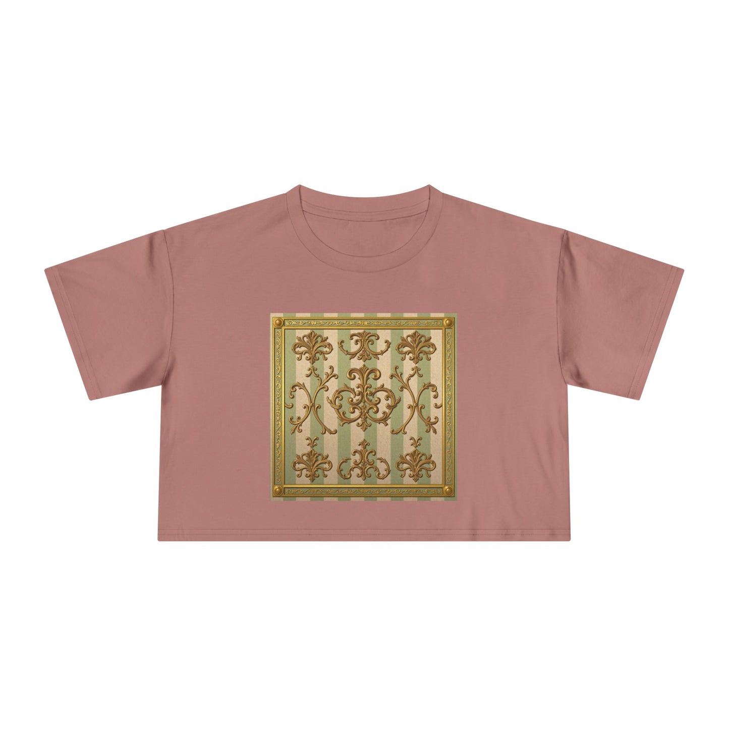 Stylish Women's Crop Tee with Elegant Print, Summer Fashion Top, Casual Chic Shirt, Gift for Her, Trendy Outfit - Mint & Beige Striped Gold Baroque