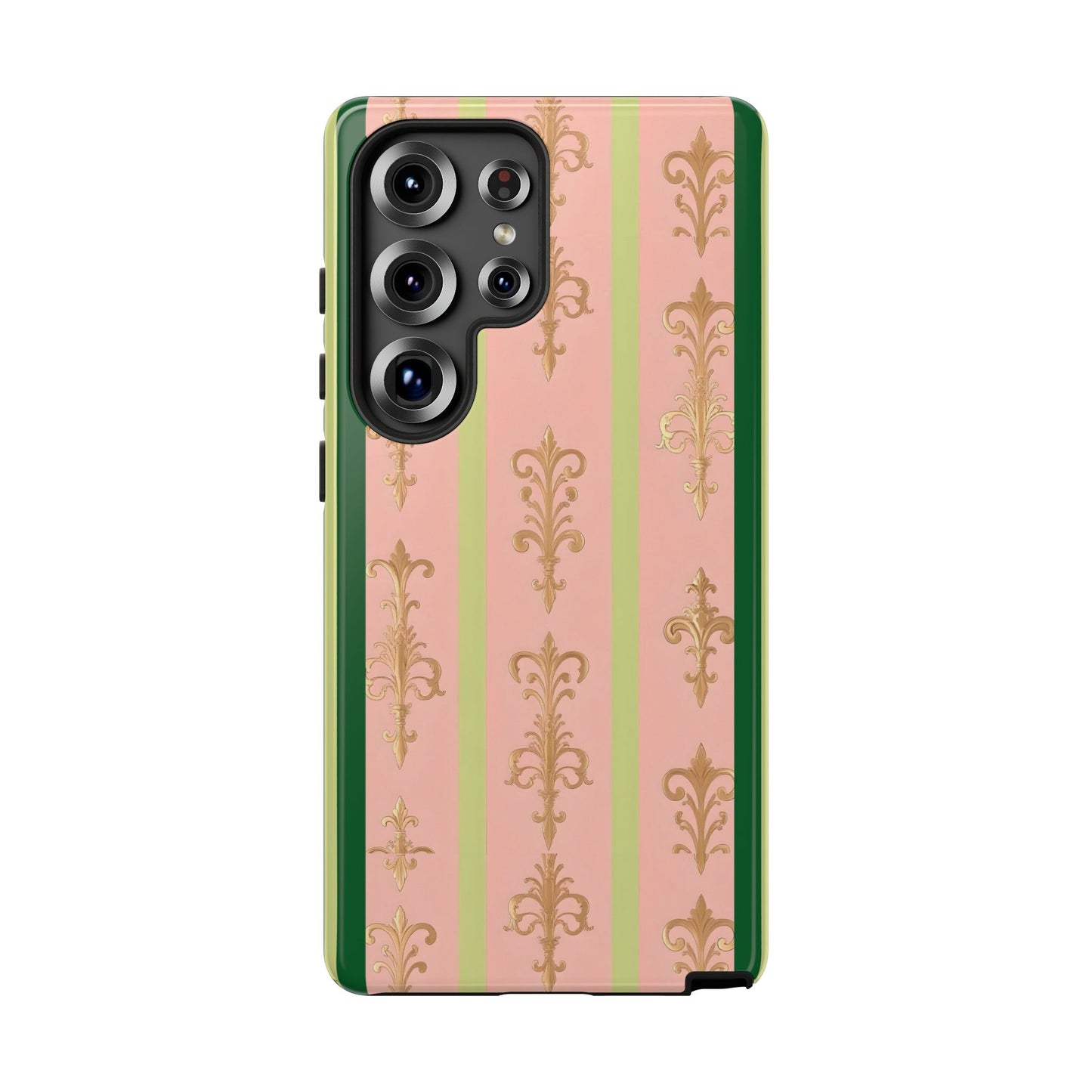 Elegant Floral Motif Phone Case - Tough Cases with Vintage Design - Lime Green & Pink Striped Damask