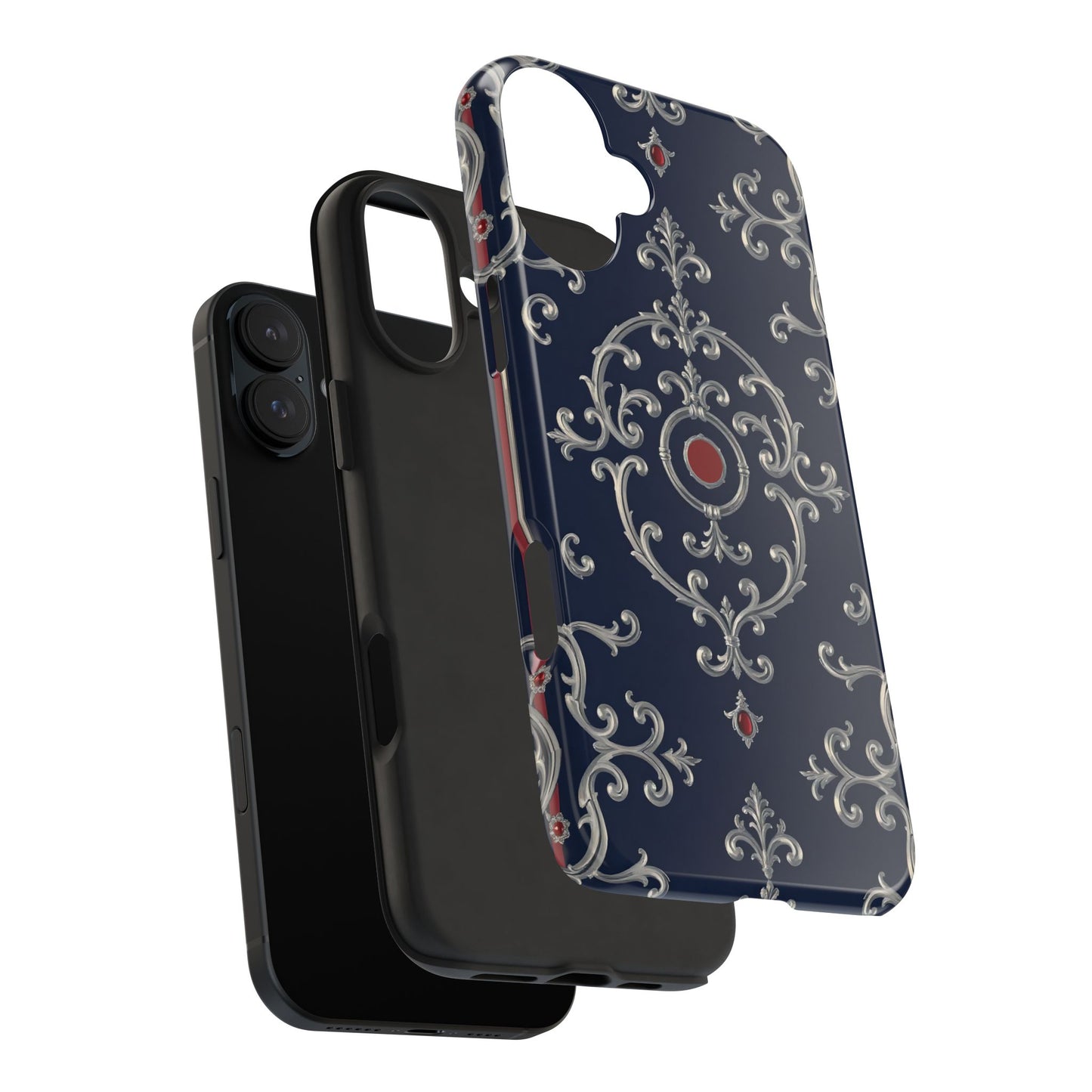 Elegant Patterned Tough Phone Cases for Stylish Protection, Gift for Her, Unique Accessories - Blue & Red Striped Silver Baroque
