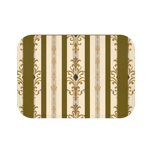 Elegant Vintage Bath Mat with Ornate Design for Luxurious Home Decor - Olive Striped Gold Damask