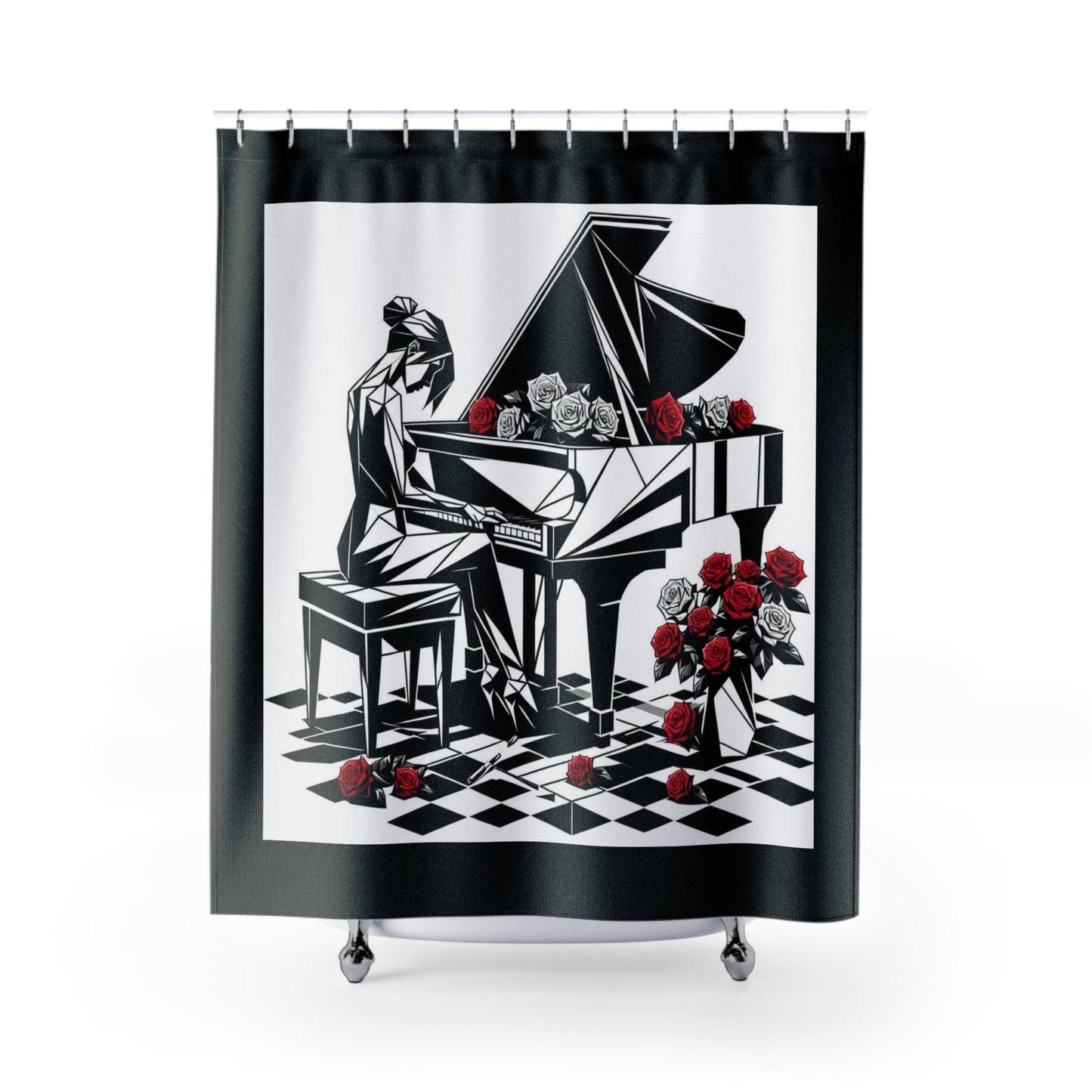 Elegant Piano Shower Curtain with Roses - Artistic Bathroom Decor