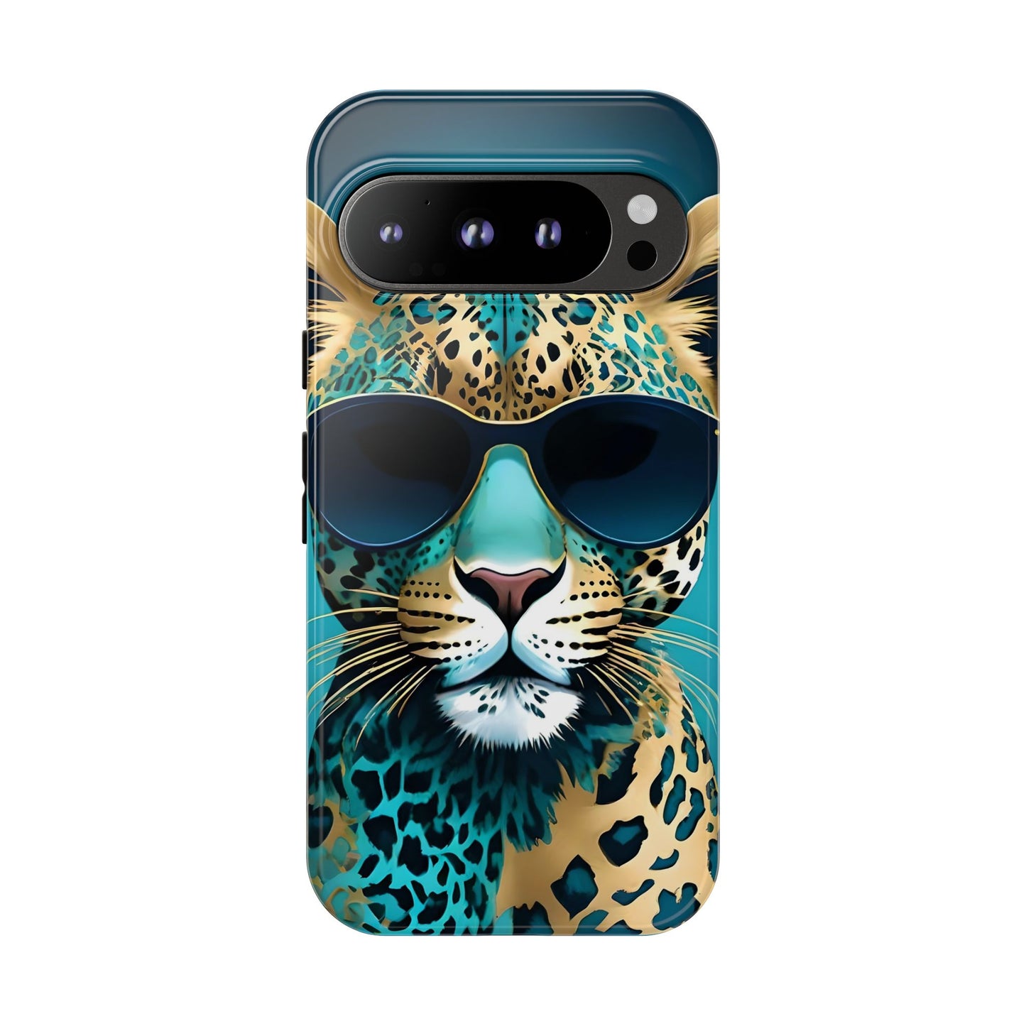Phone Case - Aqua & Gold Leopard In Sunglasses Design