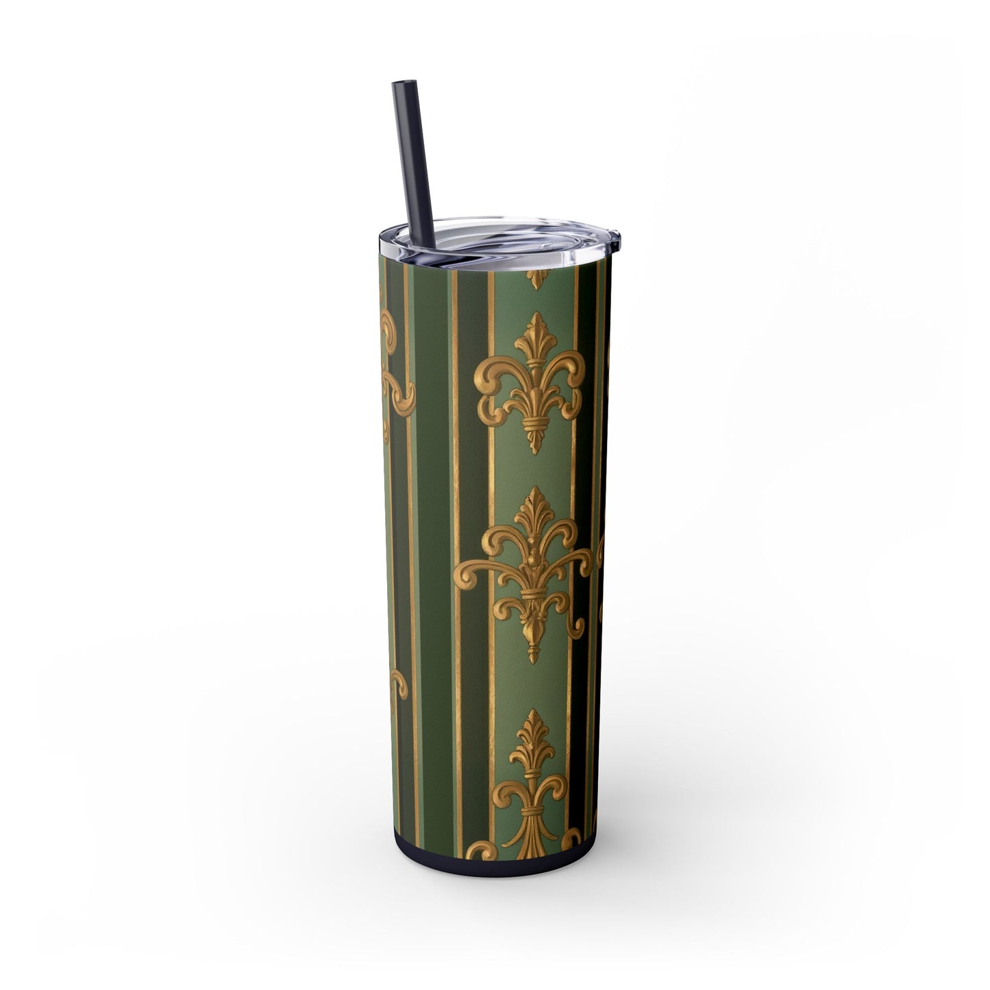 Elegant Green Striped Skinny Tumbler, 20oz Travel Mug, Reusable Cup, Perfect for Gifts, Parties, Home Decor - Green Striped Gold Baroque