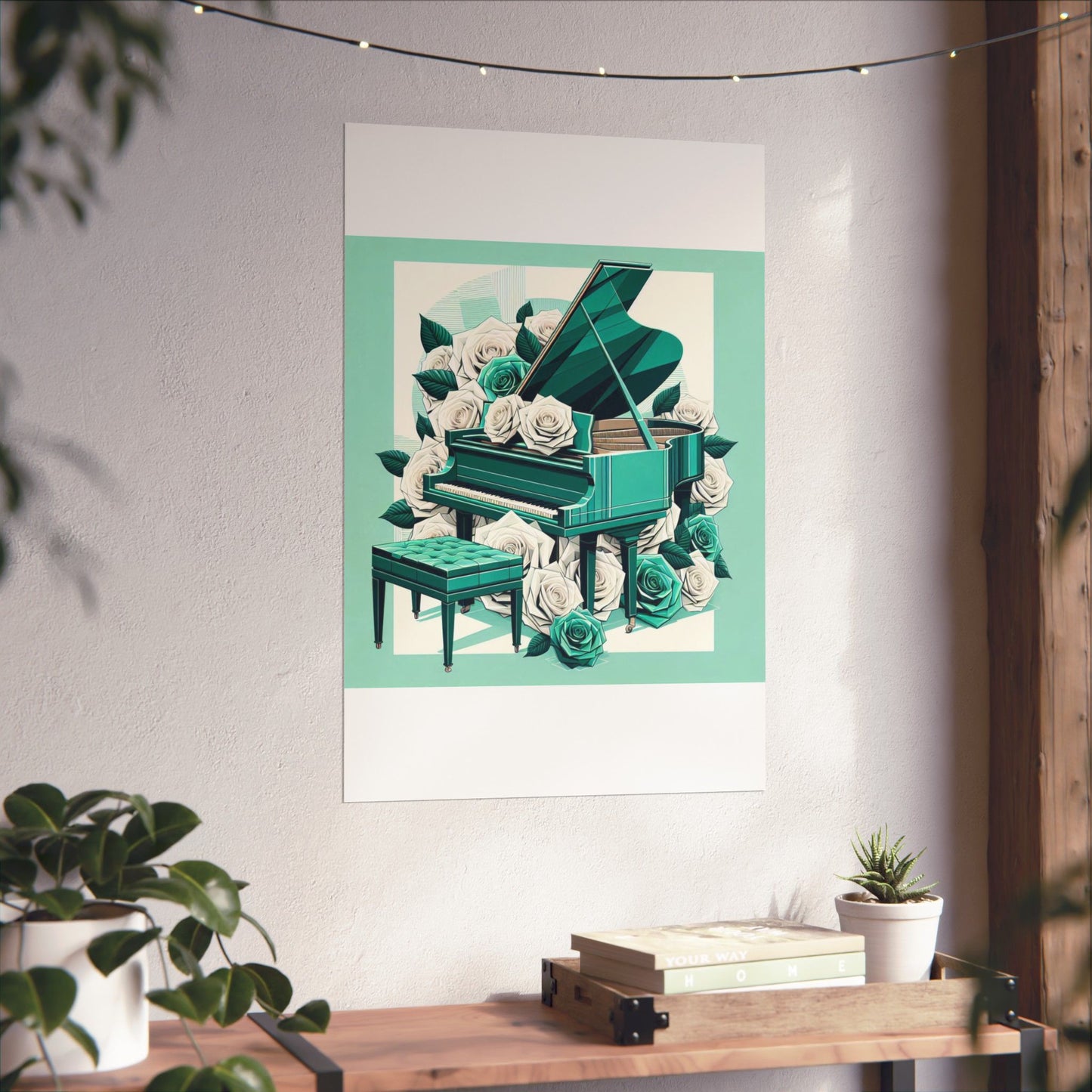 Vertical Poster - Aqua Grand Piano & Roses Design