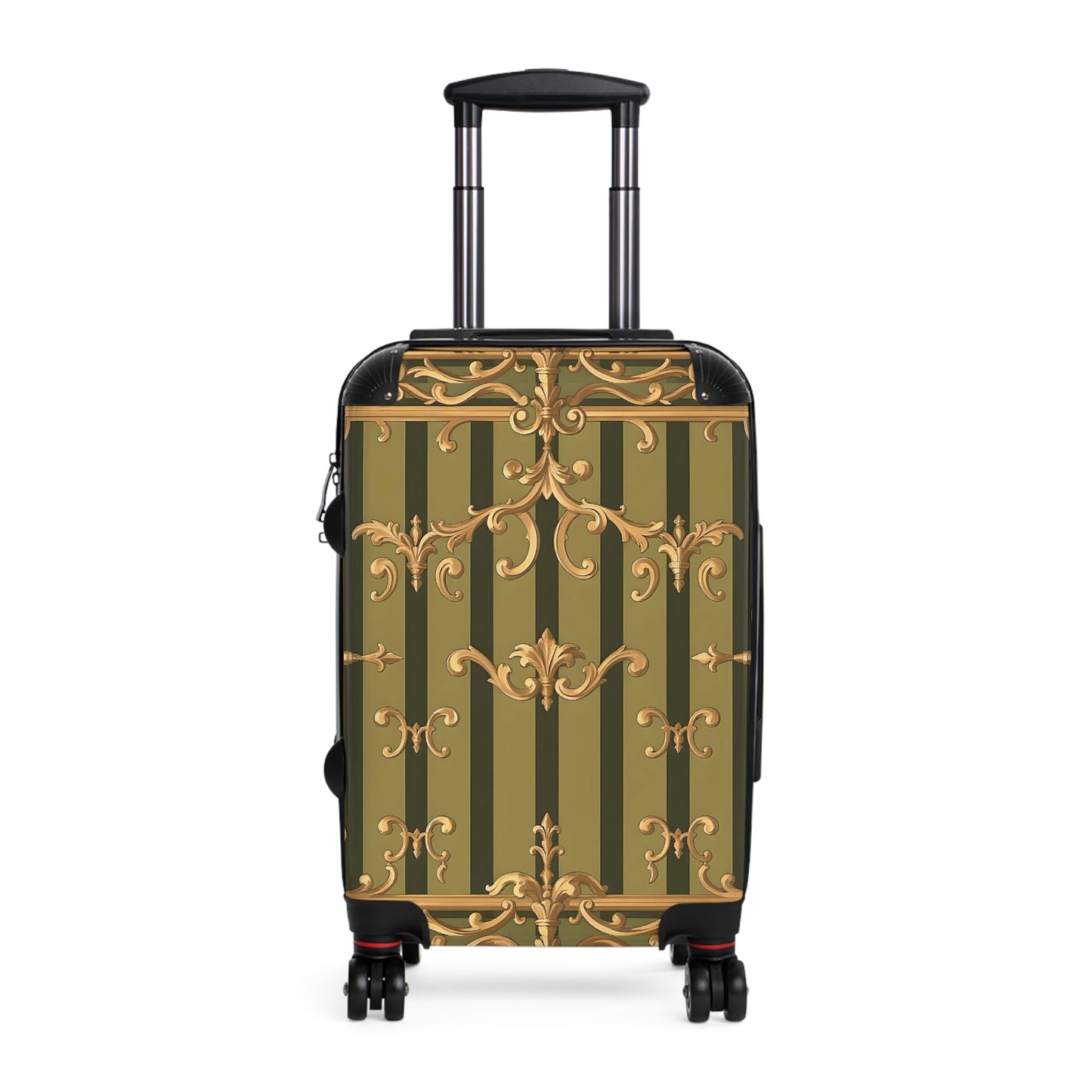 Ornate Travel Suitcase, Stylish Luggage for Adventurers, Vintage-Inspired Carry-On - Olive Green Striped Rococo