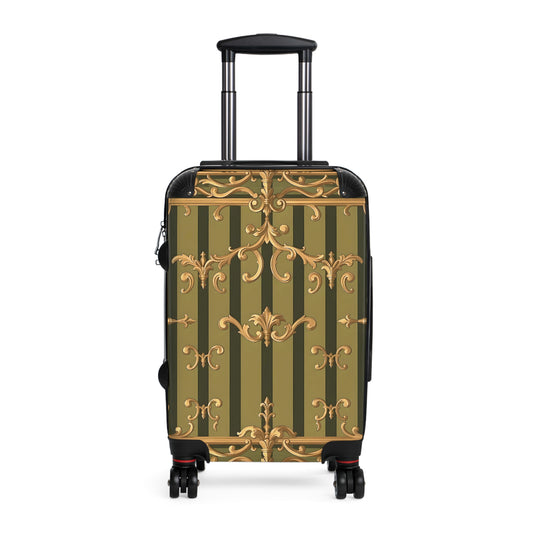 Ornate Travel Suitcase, Stylish Luggage for Adventurers, Vintage-Inspired Carry-On - Olive Green Striped Rococo