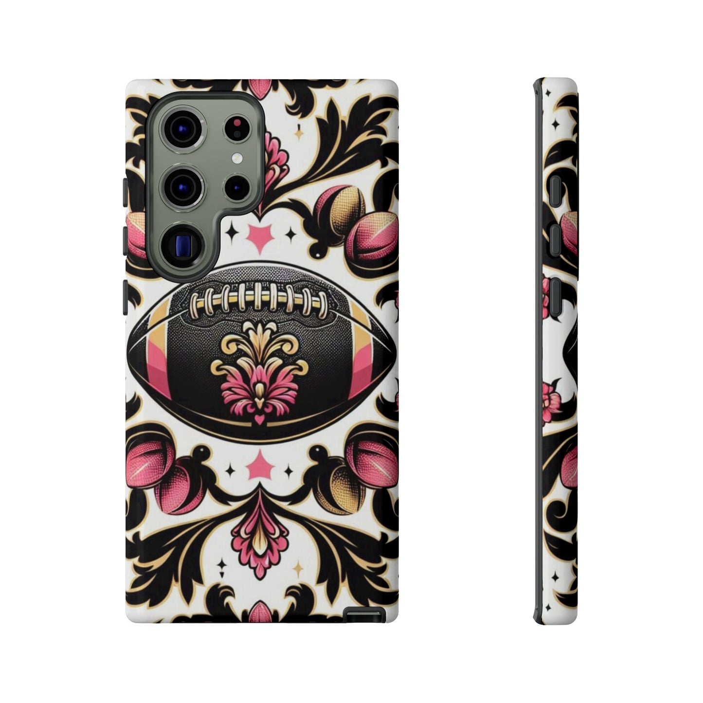 Elegant Floral Motif Phone Case - Tough Cases with Vintage Design - Damask White, Pink Gold & Black Football