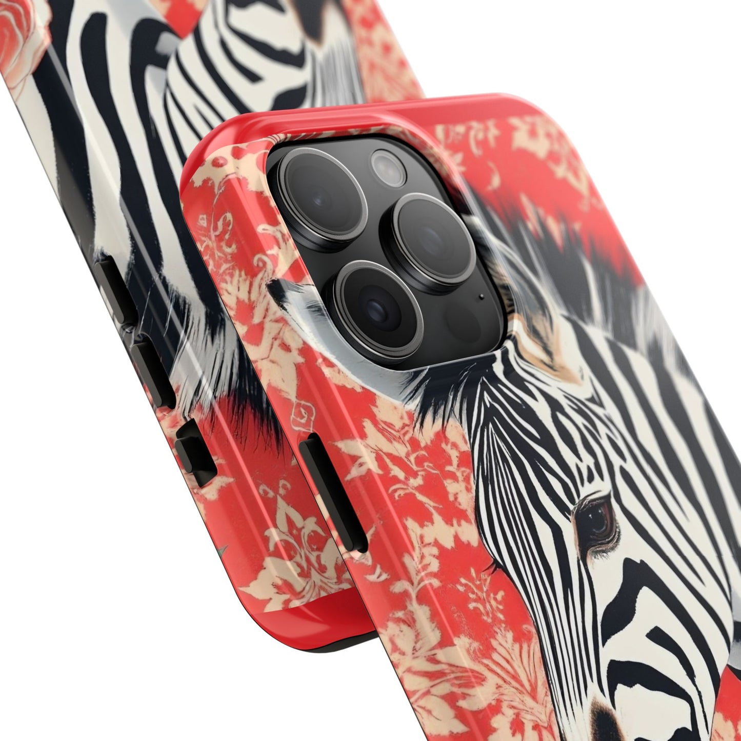 Zebra Tough Phone Case - Trendy Floral Design for Animal Lovers - Zebra With Coral Roses & Damask