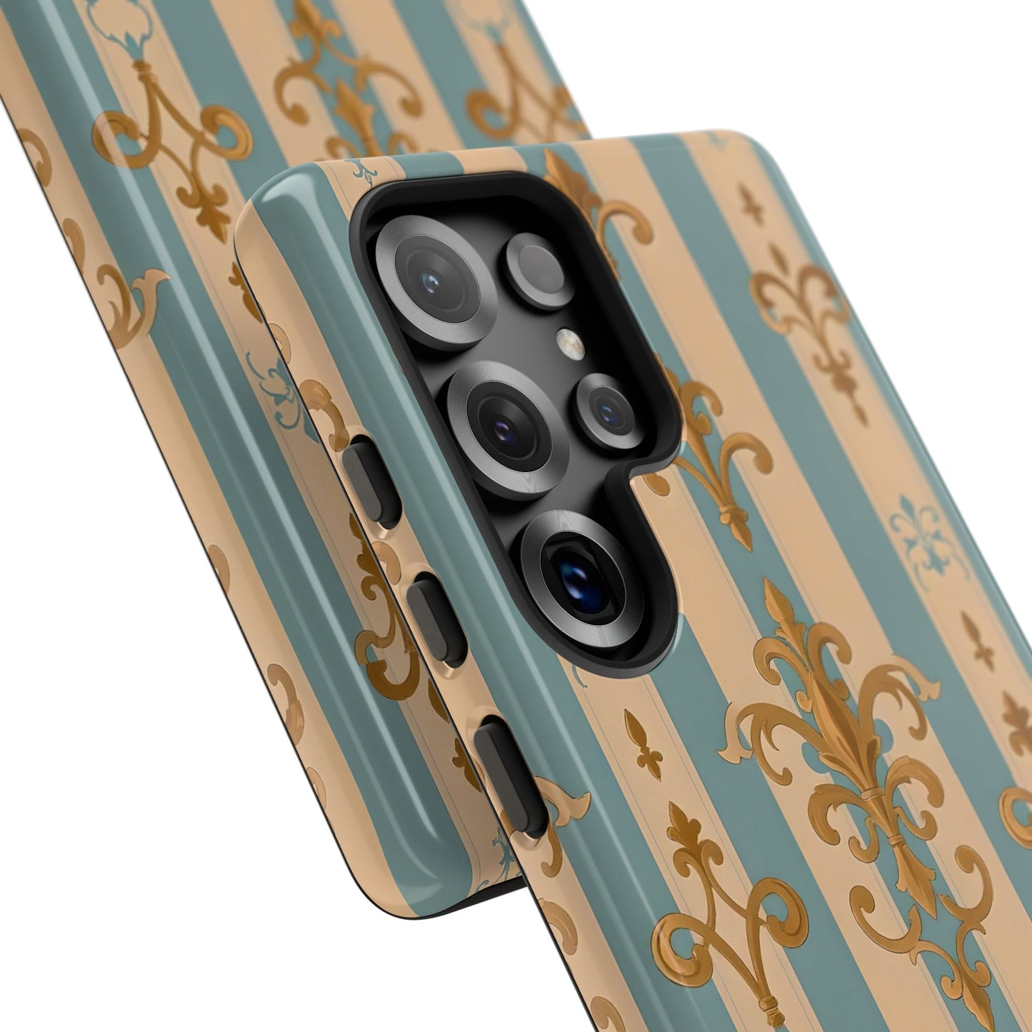 Elegant Floral Motif Phone Case - Tough Cases with Vintage Design -  Beige & Sky Blue Striped Gold Damask