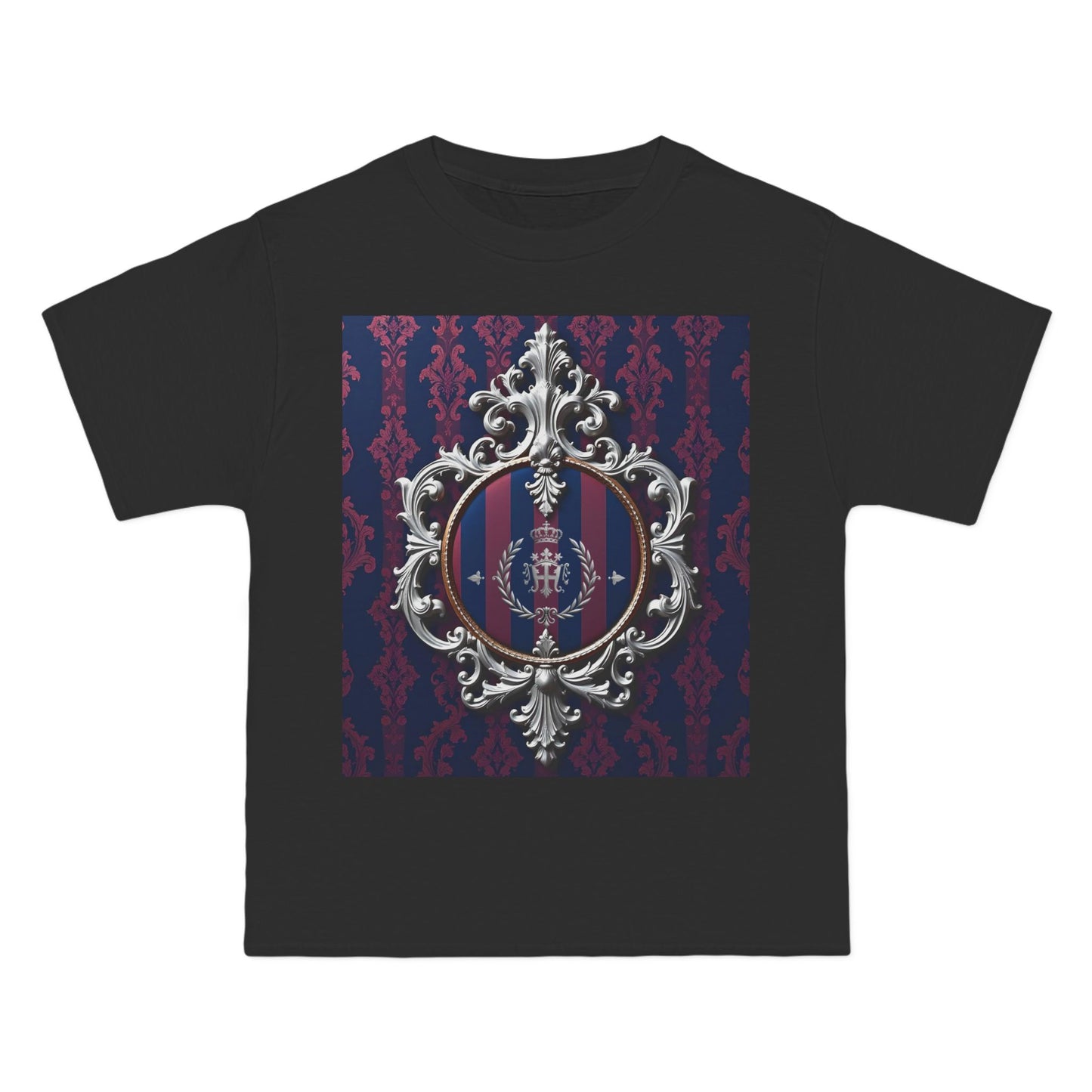 Elegant Unisex Graphic T-Shirt - Vintage Inspired, Casual Wear, Unique Gift, Art Tee, Fashion Statement - Blue & Plum Striped Silver Crest