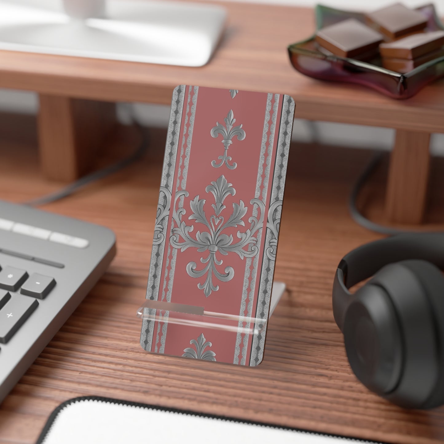 Elegant Smartphone Display Stand - Decorative Holder for Home & Office - Gray & Mauve Striped Baroque