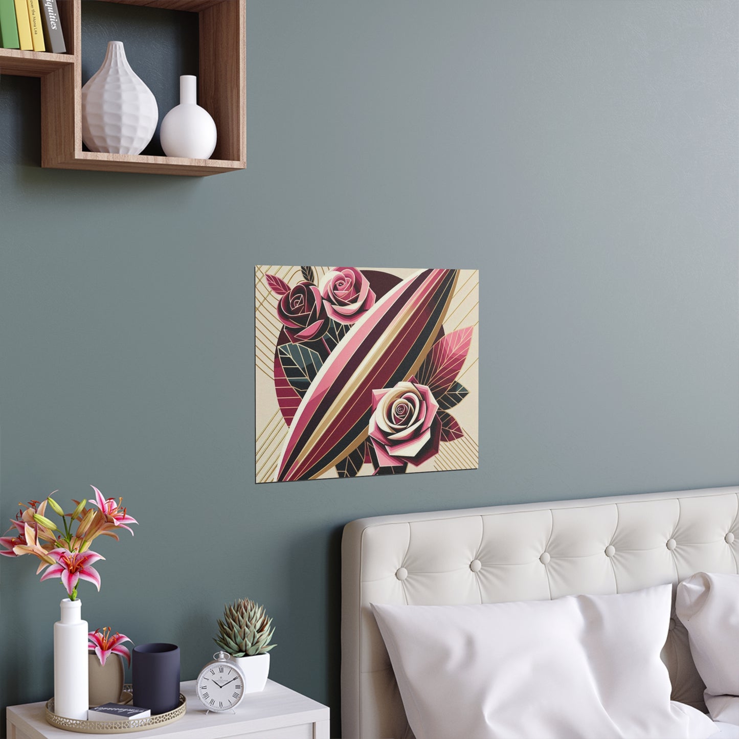 Elegant Floral Silk Poster - Indoor/Outdoor Wall Art for Home Decor - Pink & Burgundy Striped Surfboard & Roses