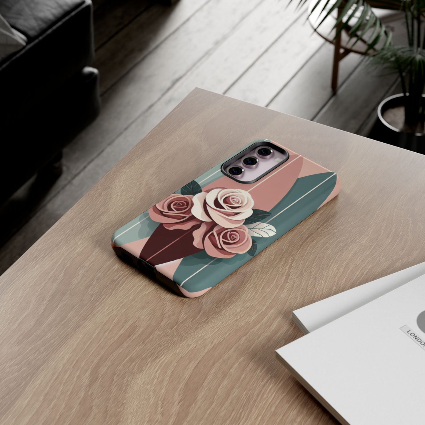 Phone Case - Burgundy, Matte Mauve & Teal Surfboard & Roses Design