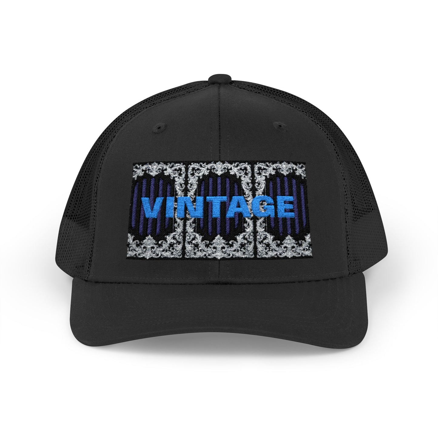 Vintage Navy Stripes & Baroque Trucker Cap — Retro 'VINTAGE' Embroidered Snapback