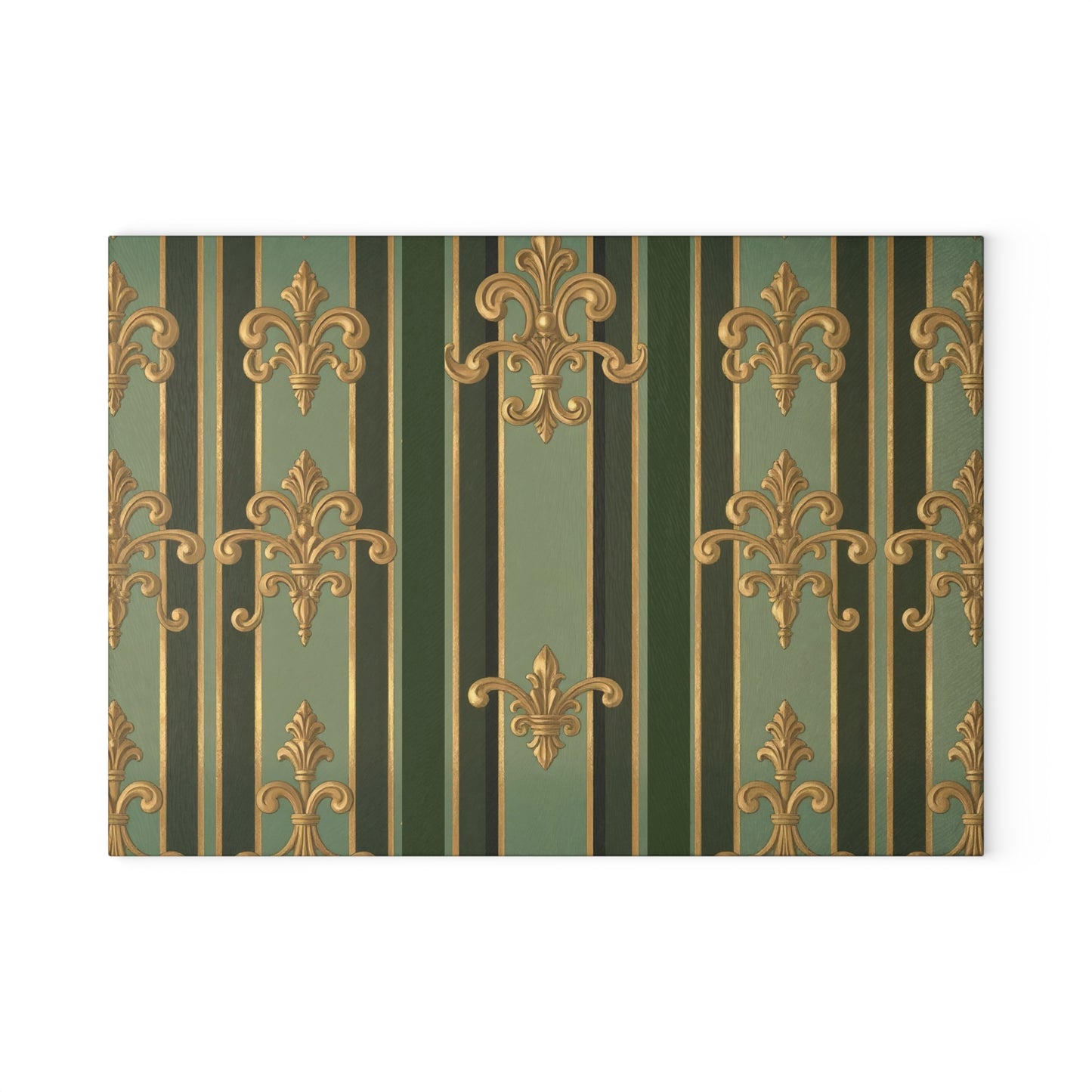 Elegant Glass Cutting Board with Fleur de Lis Design, Kitchen Decor, Wedding Gift, Housewarming Gift, Culinary Art - Green Striped Gold Baroque