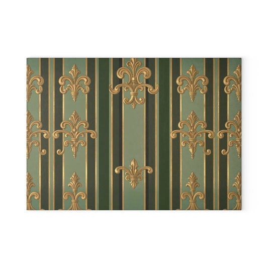Elegant Glass Cutting Board with Fleur de Lis Design, Kitchen Decor, Wedding Gift, Housewarming Gift, Culinary Art - Green Striped Gold Baroque