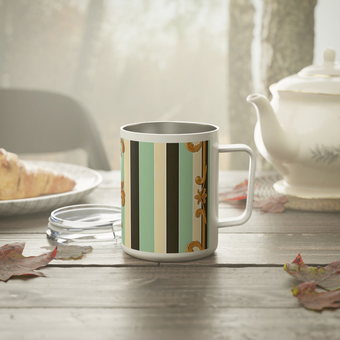 Elegant Insulated Coffee Mug, 10oz - Stylish Hot Beverage Container for Home, Office, Gifts, Parties, or Weddings - Black & Matte Mint Striped Rococo