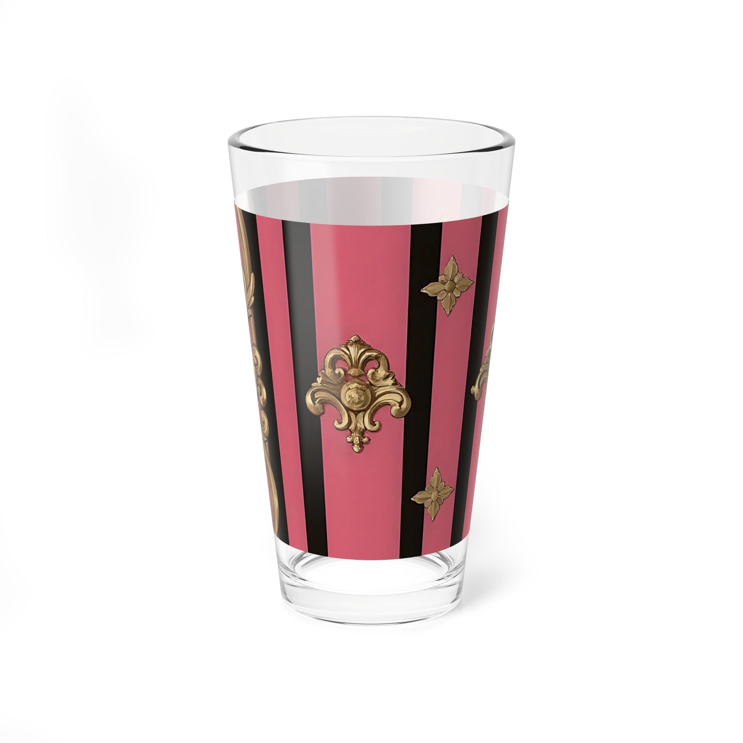 Chic Mixing Glass, 16oz Decorative Drinkware, Elegant Barware, Birthday Gift, Retro Kitchen Decor, Stylish Cocktail Glass - Pink Striped Gold Rococo