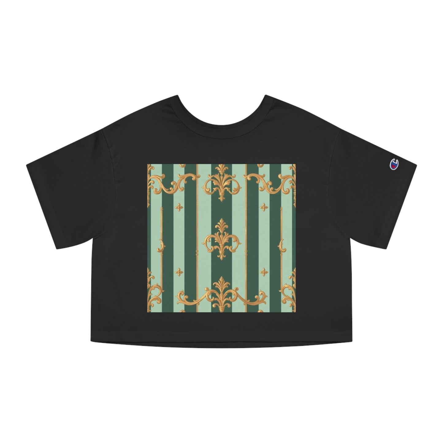 Stylish Cropped T-Shirt with Elegant Pattern, Casual Wear, Perfect for Summer Outings - Mint Green & Teal Striped Gold Baroque