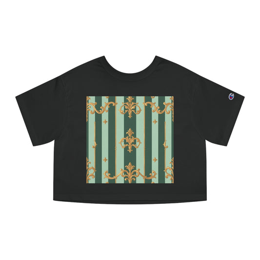 Stylish Cropped T-Shirt with Elegant Pattern, Casual Wear, Perfect for Summer Outings - Mint Green & Teal Striped Gold Baroque