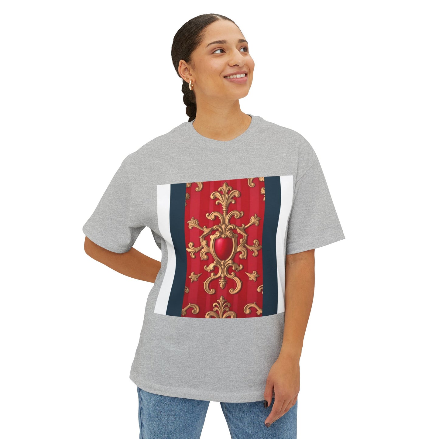Elegant Vintage Design Oversized Tee, Boho T-Shirt, Festival Top, Unique Gift, Trendy Casual Wear - Blue, Red & White Striped Baroque
