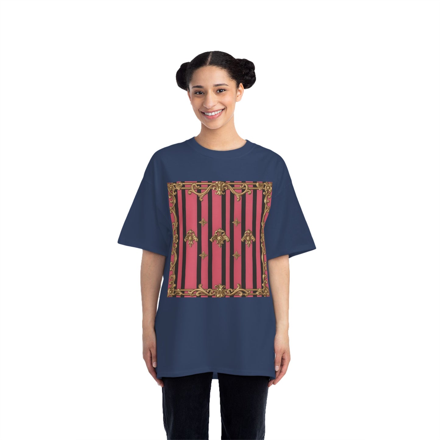 Elegant Baroque Short-Sleeve T-Shirt - Artistic Fashion, Graphics Tee, Unique Gift, Stylish Apparel, Casual Wear - Pink Striped Gold Rococo