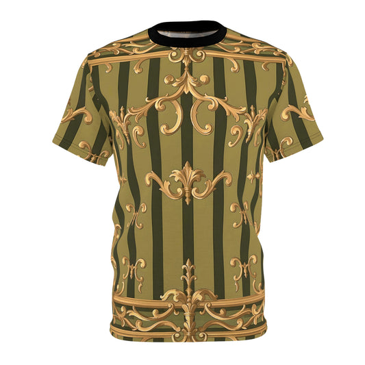 Elegant Vintage Print Unisex Tee, Retro Style T-Shirt, Fashionable Gift, Fashion Top, Unique Casual Wear - Olive Green Striped Rococo