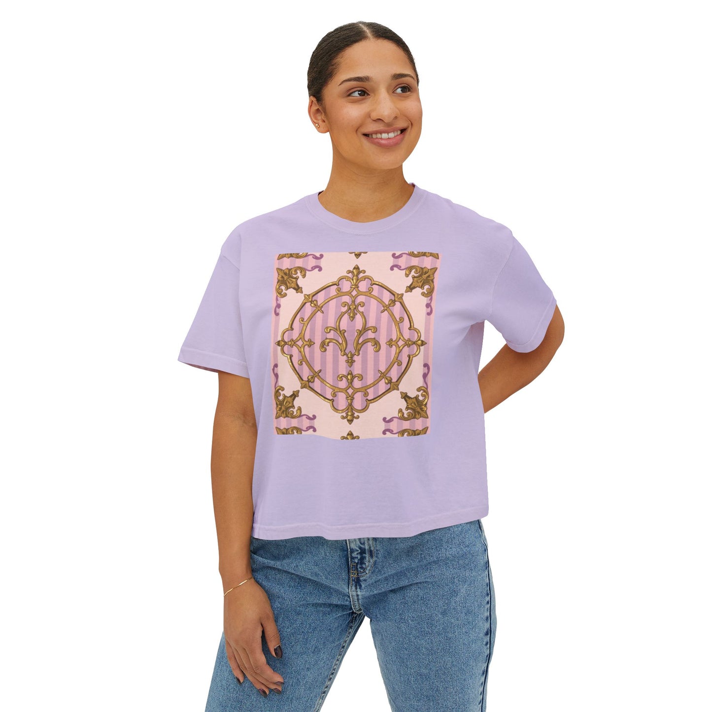 Chic Women's Boxy Tee with Elegant Lavender & Alabaster Striped Gold Baroque Design, Casual Top, Birthday Gift, Stylish Tee, Everyday Wear