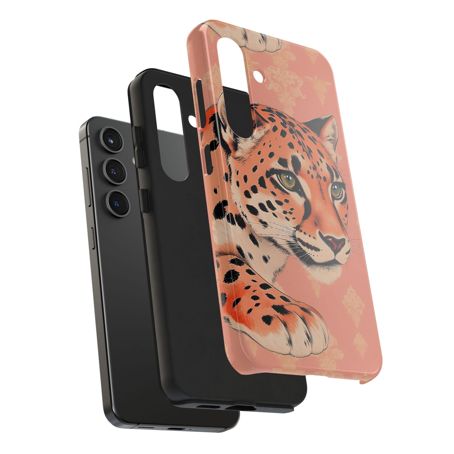 Leopard Tough Phone Case - Trendy Floral Motif Design for Animal Lovers - Peach Leopard & Damask