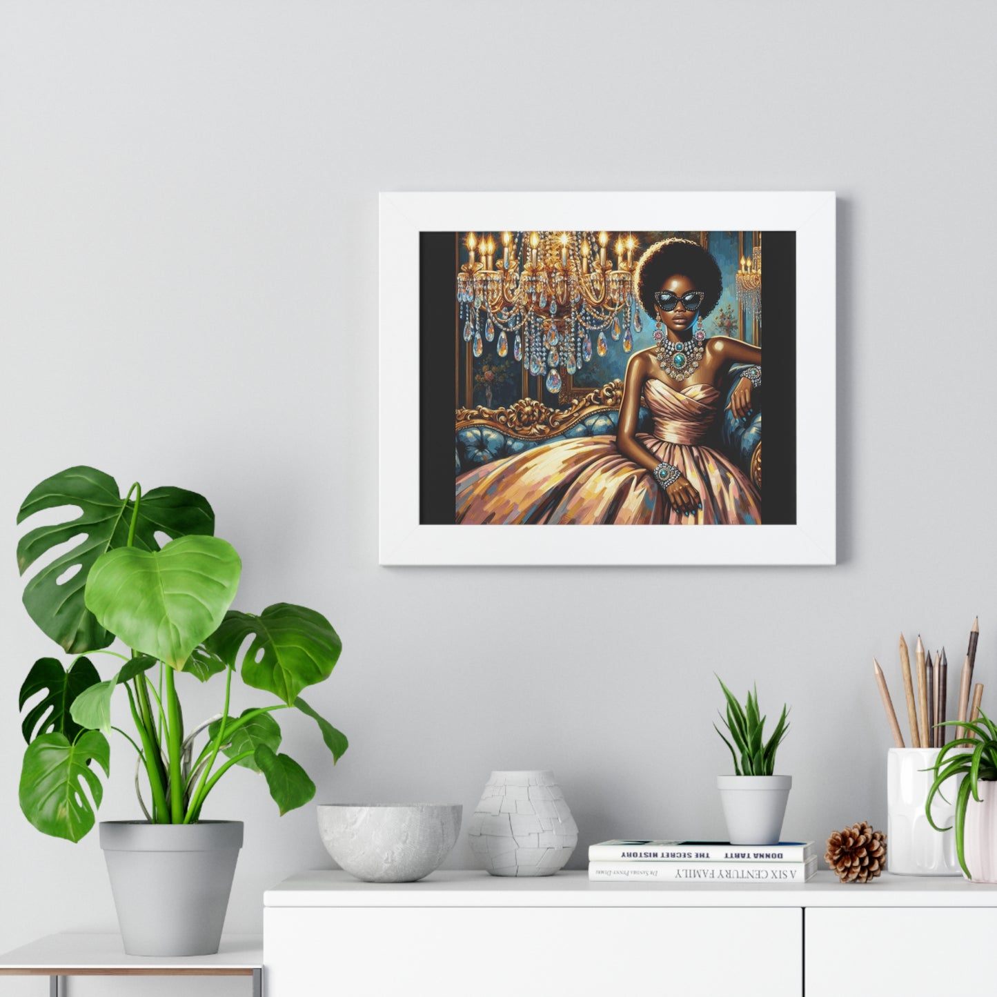 Elegant Framed Art Print | Chic Home Décor, Wall Art for Living Room, Unique Gift, Glamorous Aesthetic, Fashionable - Elegant Lady & Chandelier
