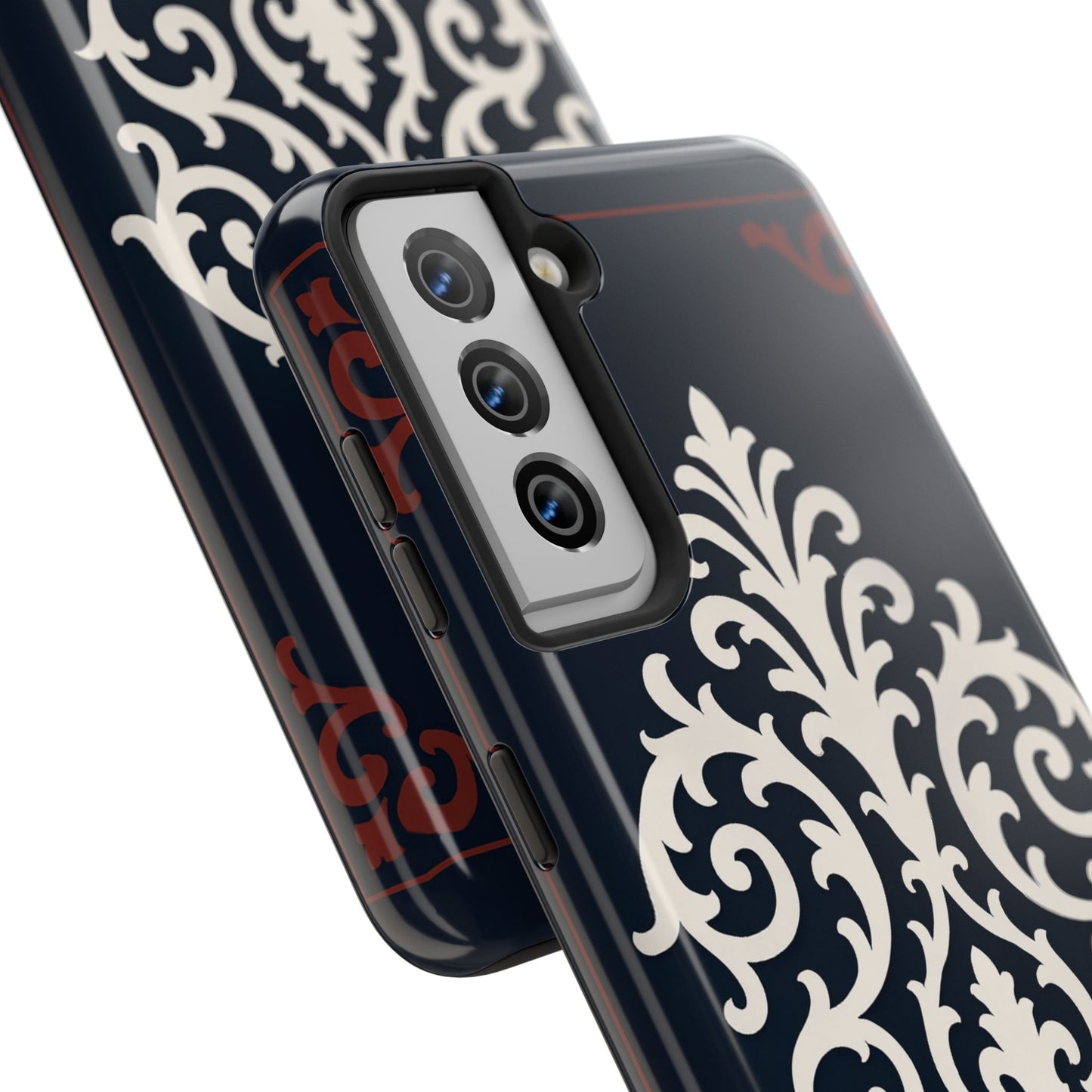 Dusk Blue-Maroon & White Baroque Tough Phone Case — Vintage Scroll Design