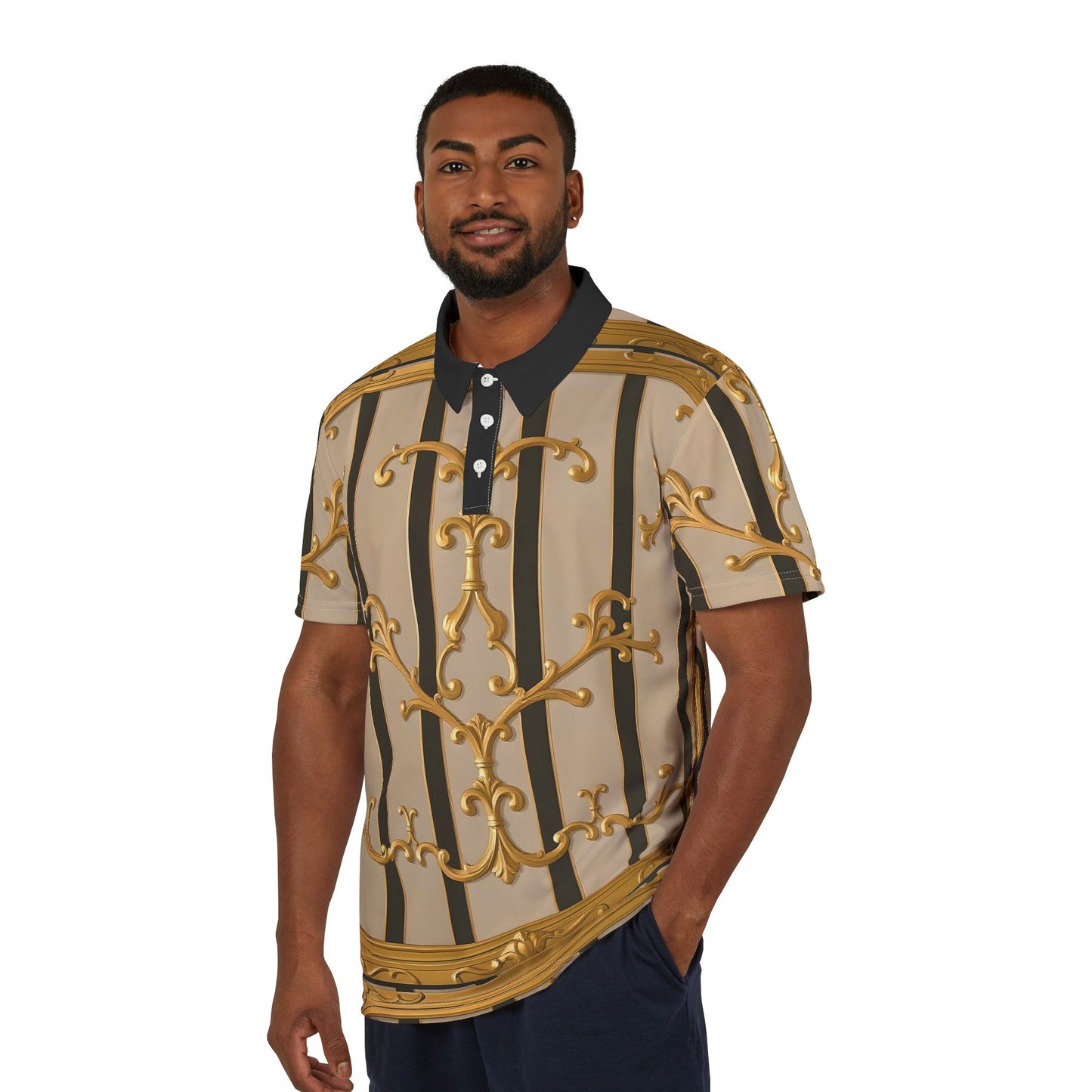 Chic Gold-Patterned Unisex Polo Shirt, Luxury Fashion, Casual Wear, Summer Events - Beige Striped Gold Rococo