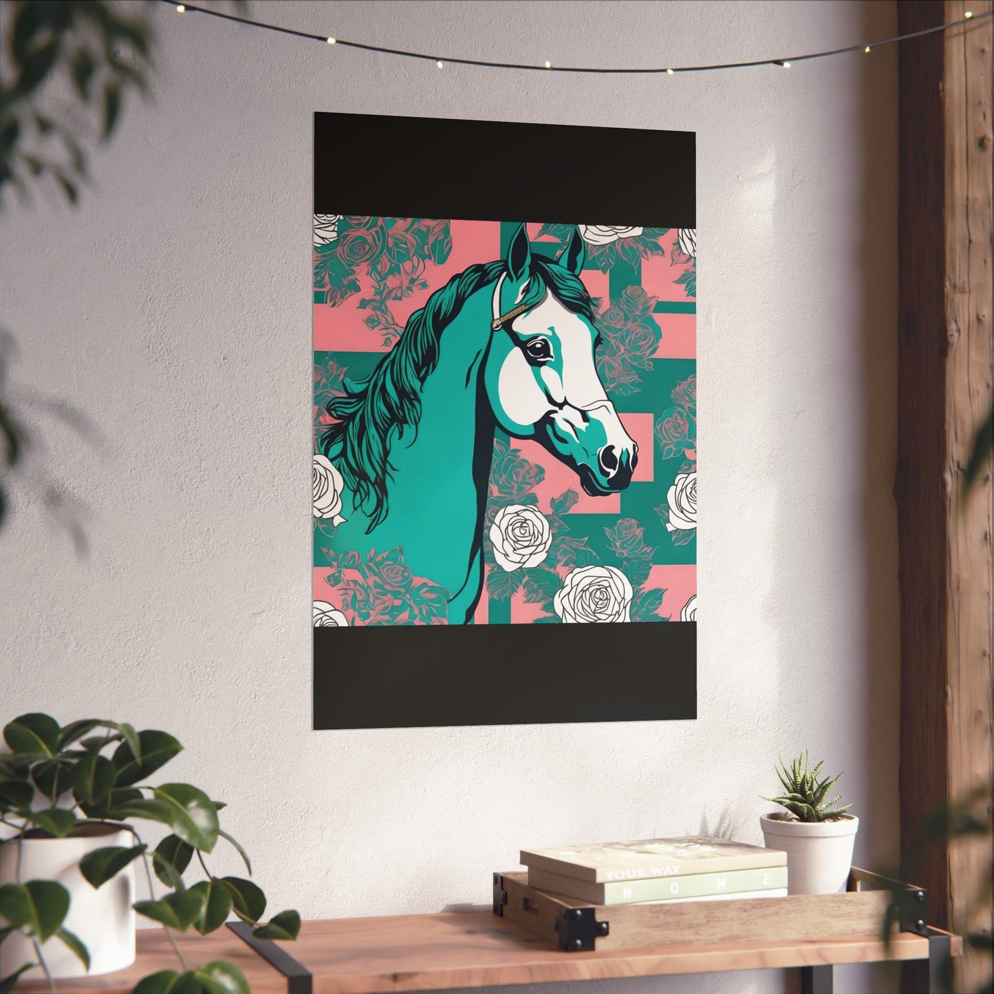 Floral Motif Art Poster - Elegant Matte Vertical Wall Decor - Teal & White Horse