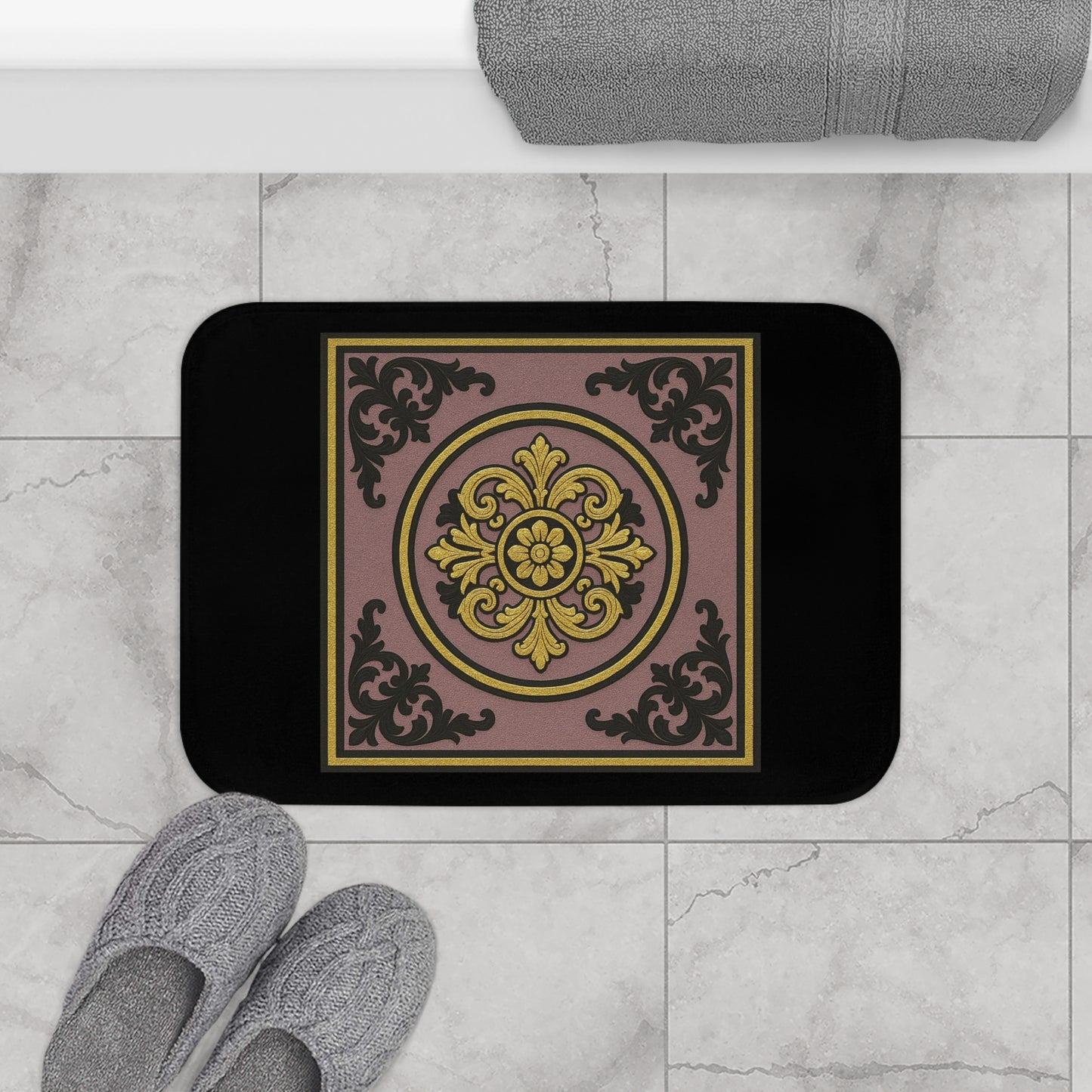 Elegant Gilded Mauve With Gold-Black Baroque Bath Mat, Luxurious Bathroom Decor, Stylish Non-Slip Mat, Gift for Homeowners, Bath Accessories