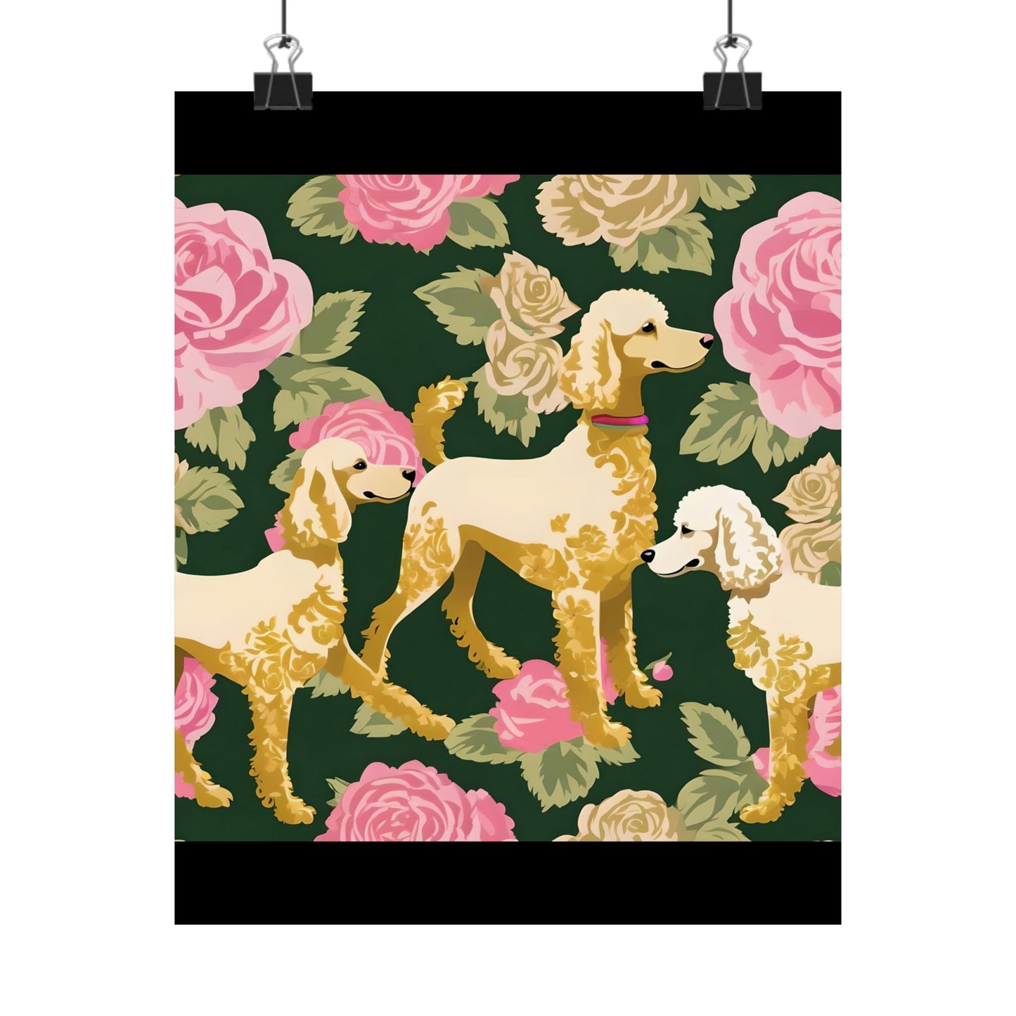 Vertical Poster - Elegant Matte Floral Art Wall Decor - Damask Poodles In Dark Green & Pink Roses